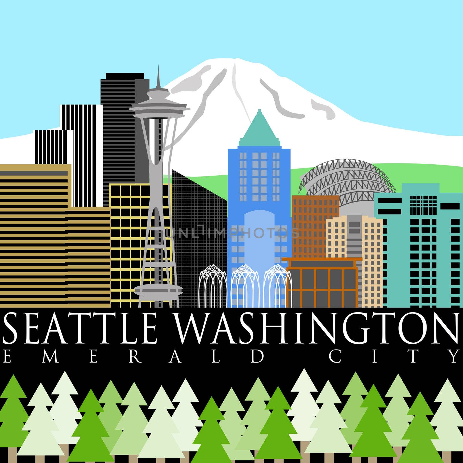 Seattle Washington Downtown Skyline with Mount Rainier Color Illustration