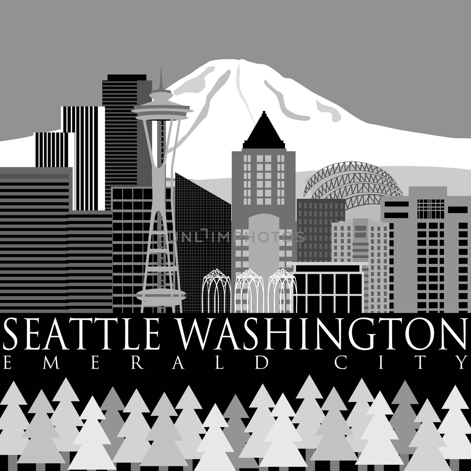 Seattle Washington Downtown Skyline with Mount Rainier Illustration