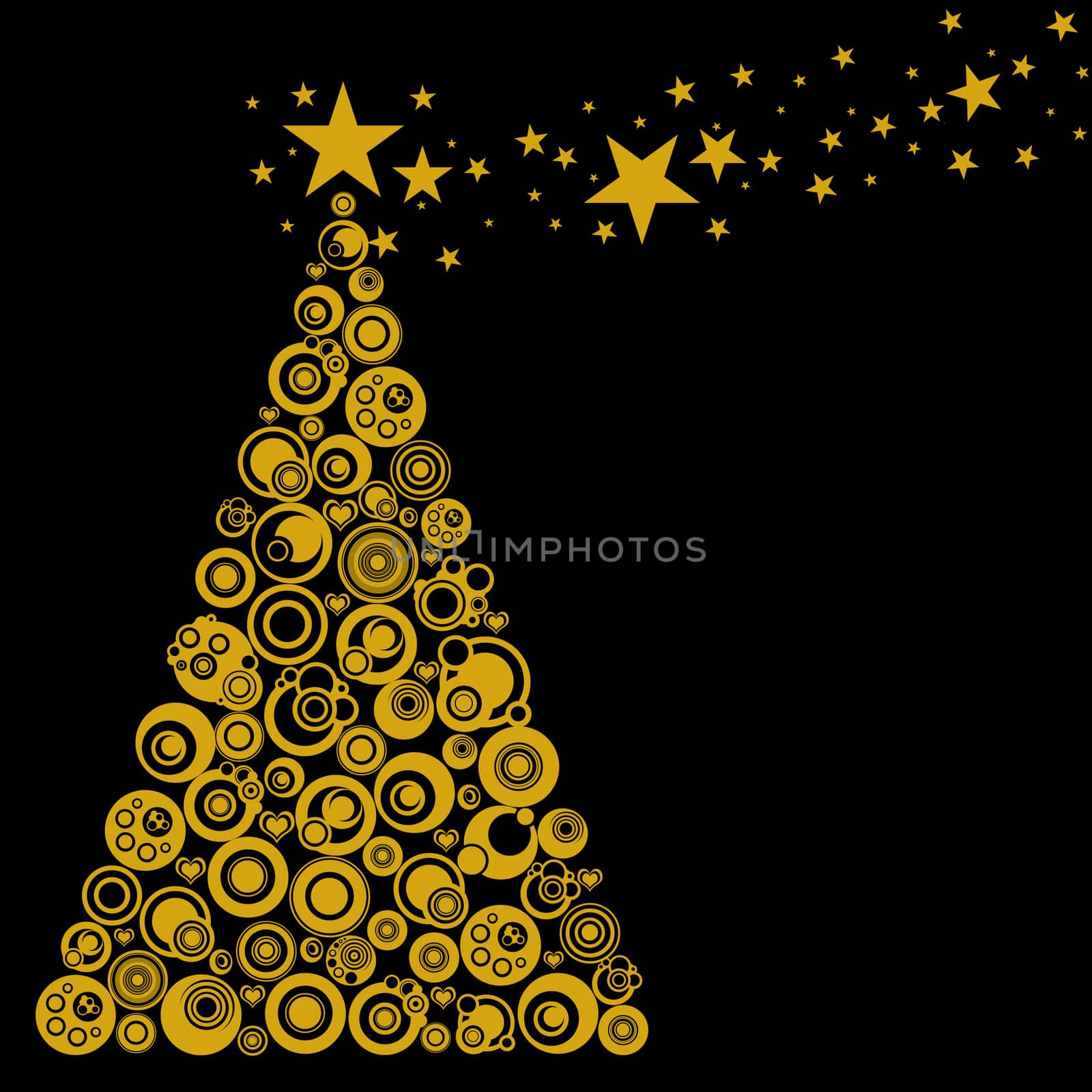 Abstract Christmas Tree with Circles Stars and Hearts Illustration Gold Black