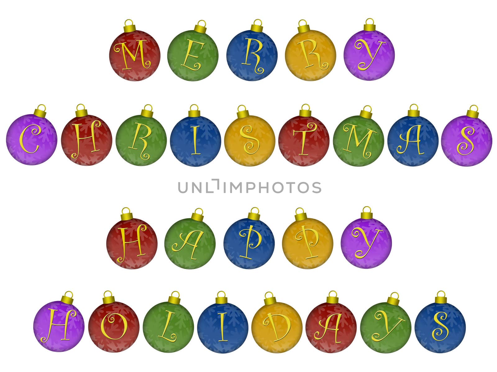 Merry Christmas Happy Holidays Text on Colorful Ornaments Illustration