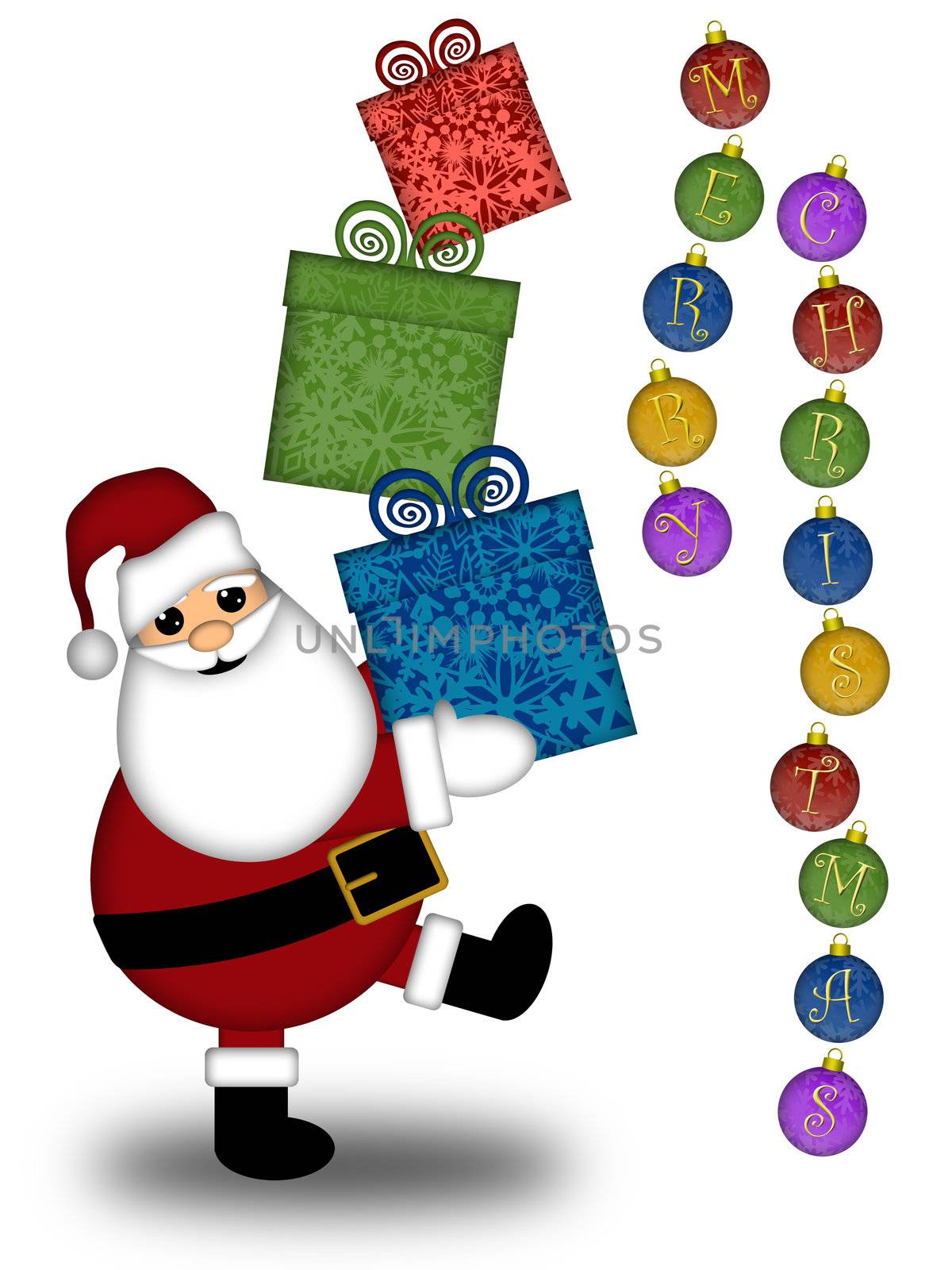 Santa Claus Carrying Stack of Presents Illustration with Merry Christmas Text