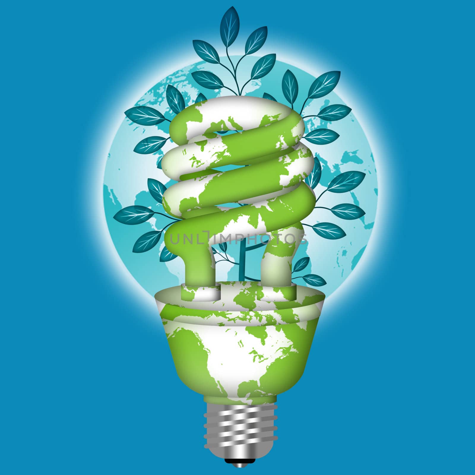 Energy Saving Eco Lightbulb with World Globe on Blue Background