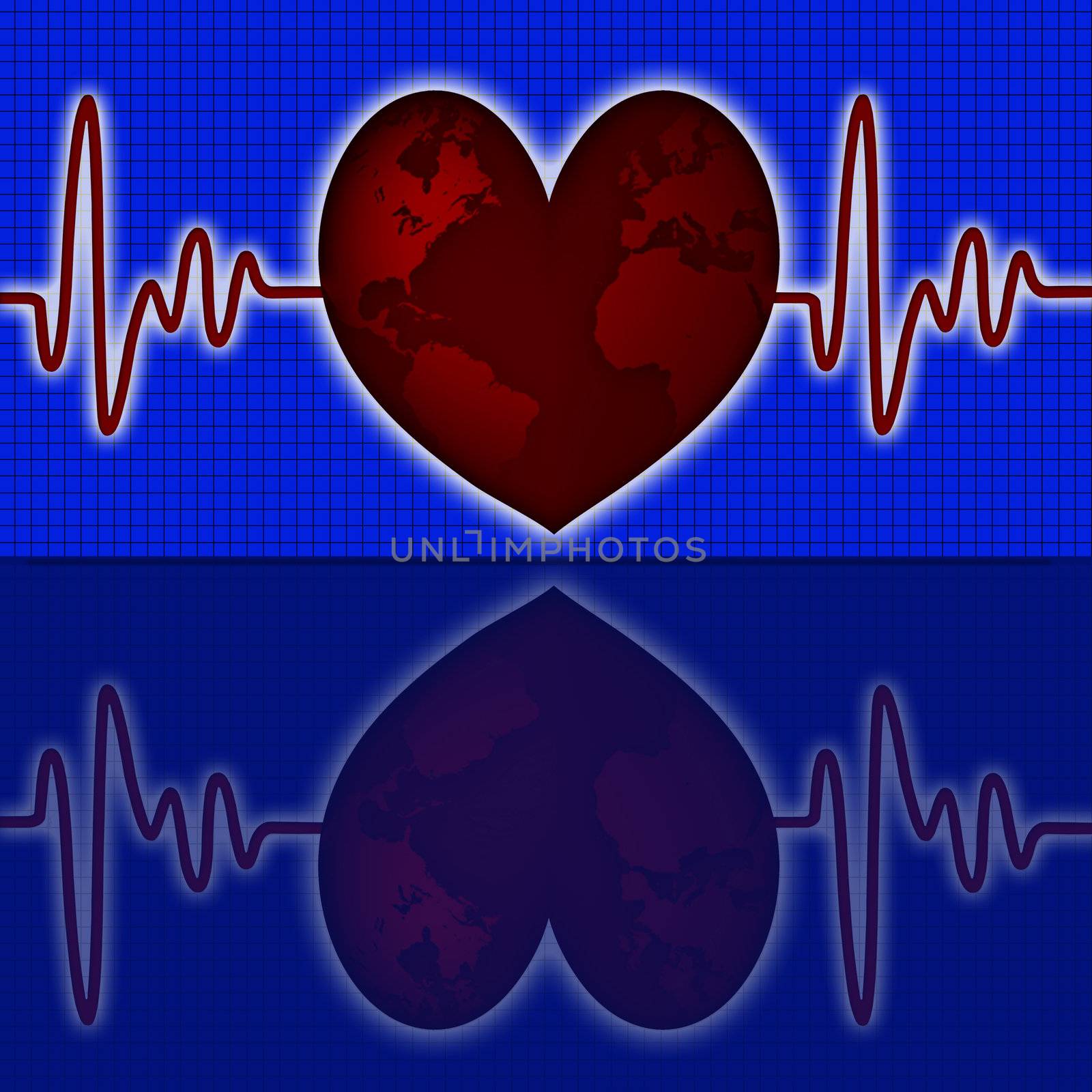 Earth Global Map with Red Heart Beat Electrocardiograph Blue Background