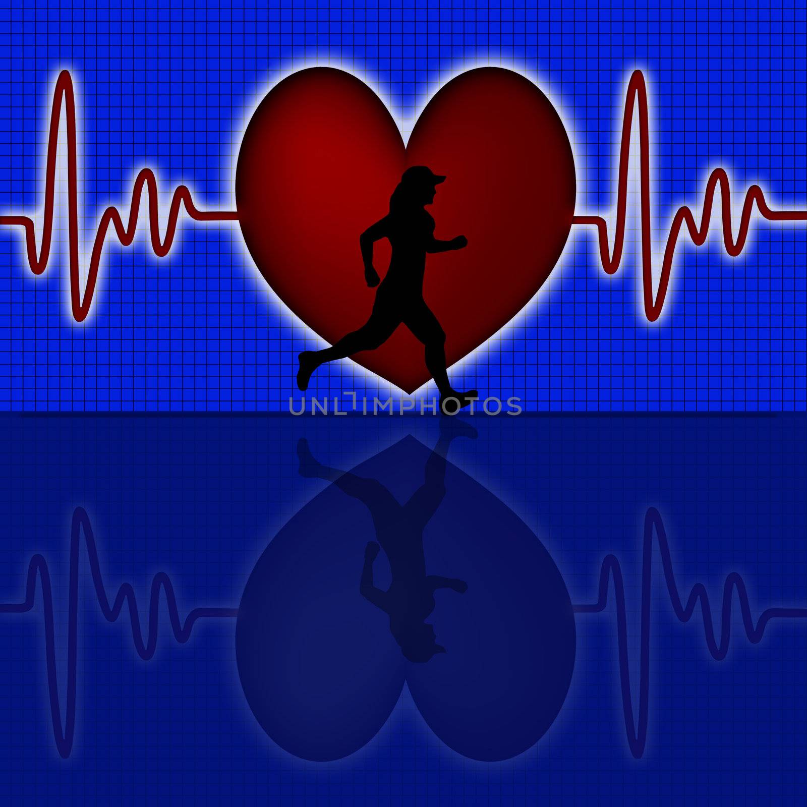 Female Runner Silhouette with Red Heart Beat Electrocardiograph Blue Background
