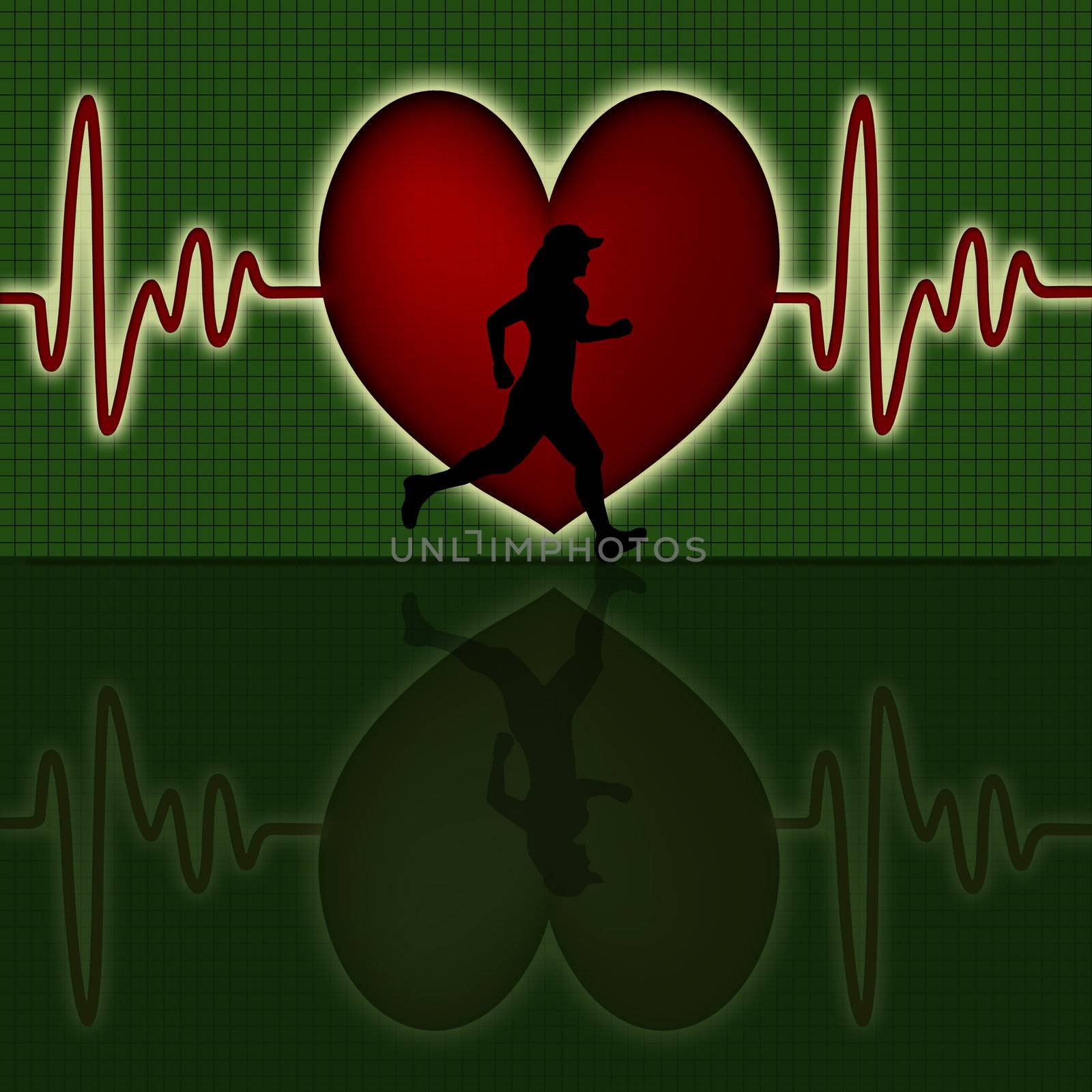 Female Runner Silhouette with Red Heart Beat Electrocardiograph Green Background