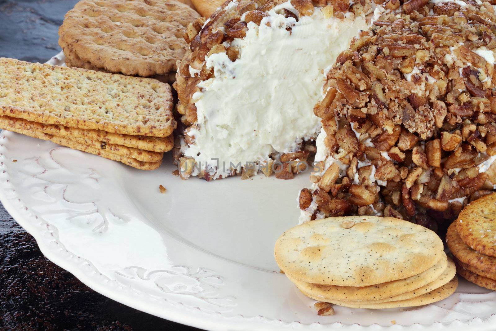 Cheese ball made with blue cheese and pecan nuts. Served with a variety of crackers.