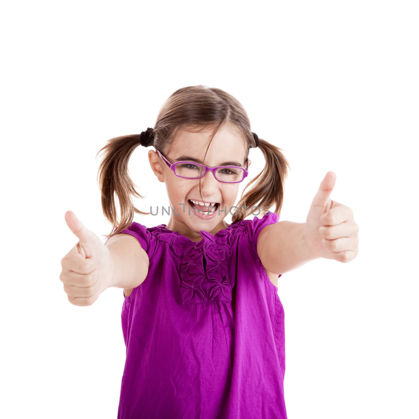 Portrait of a beautiful and confident girl showing thumbs up isolated one white