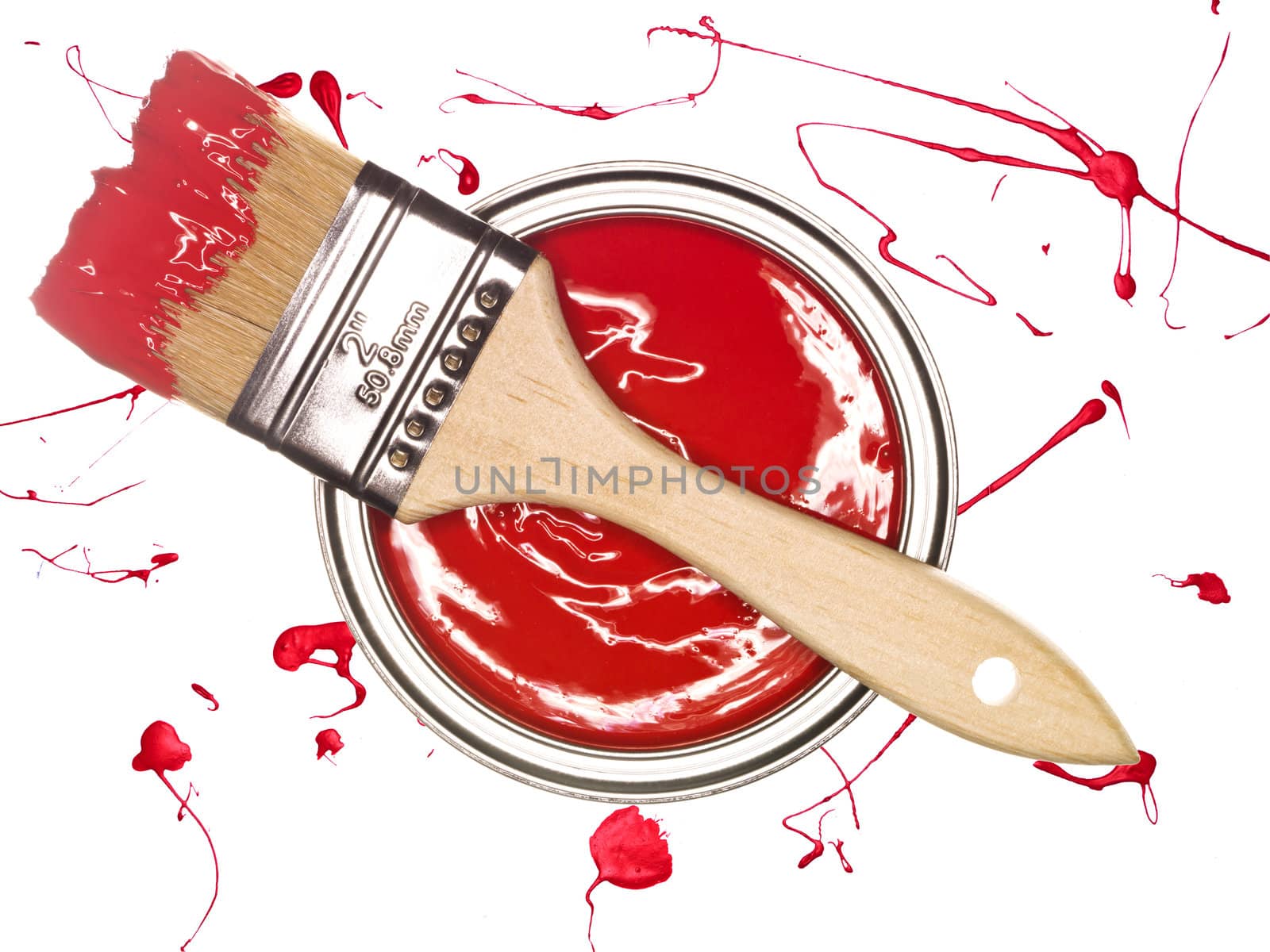 Red Paintcan and brush from above isolated on a spotted background