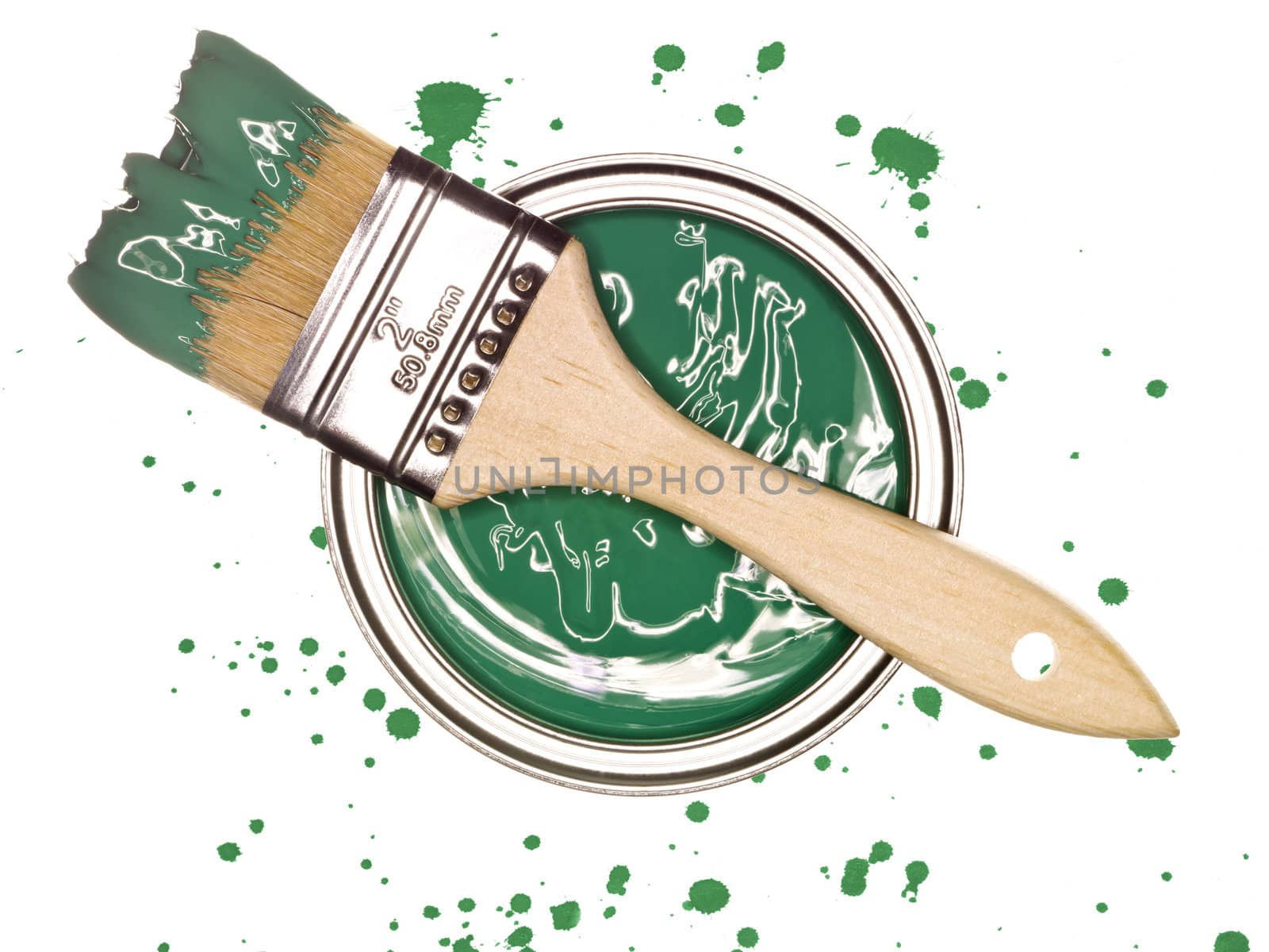 Green Paintcan and brush from above isolated on a spotted background