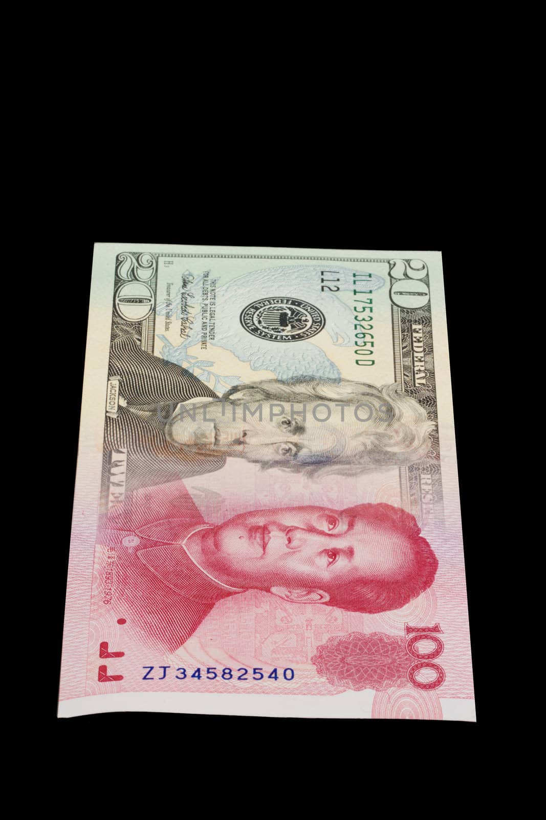 Currency morph of USA 20 dollar bill and China 100 RMB with close placement of Andrew Jackson and Mao depicting modern currency challenges