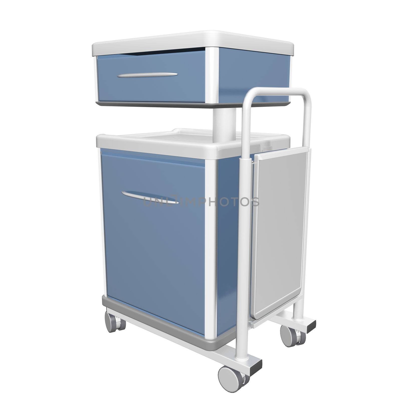 Blue and white stainless metal medical supply cabinet placed on a trolley, 3d illustration, isolated against a white background