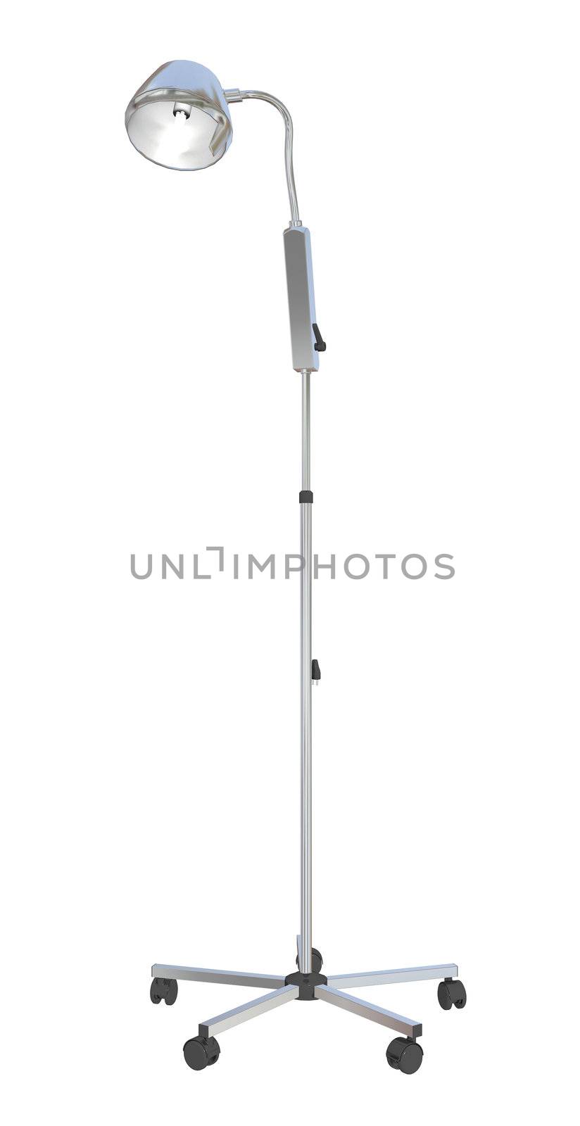 Adjustable metal mobile medical stand lamp, 3d illustration, isolated against a white background