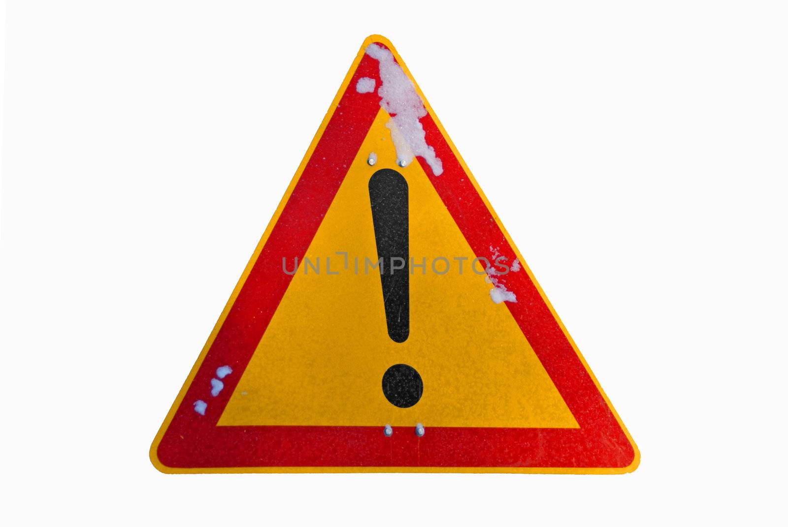 A warning traffic sign with an exclamation mark with frost and snow isolated on white. 