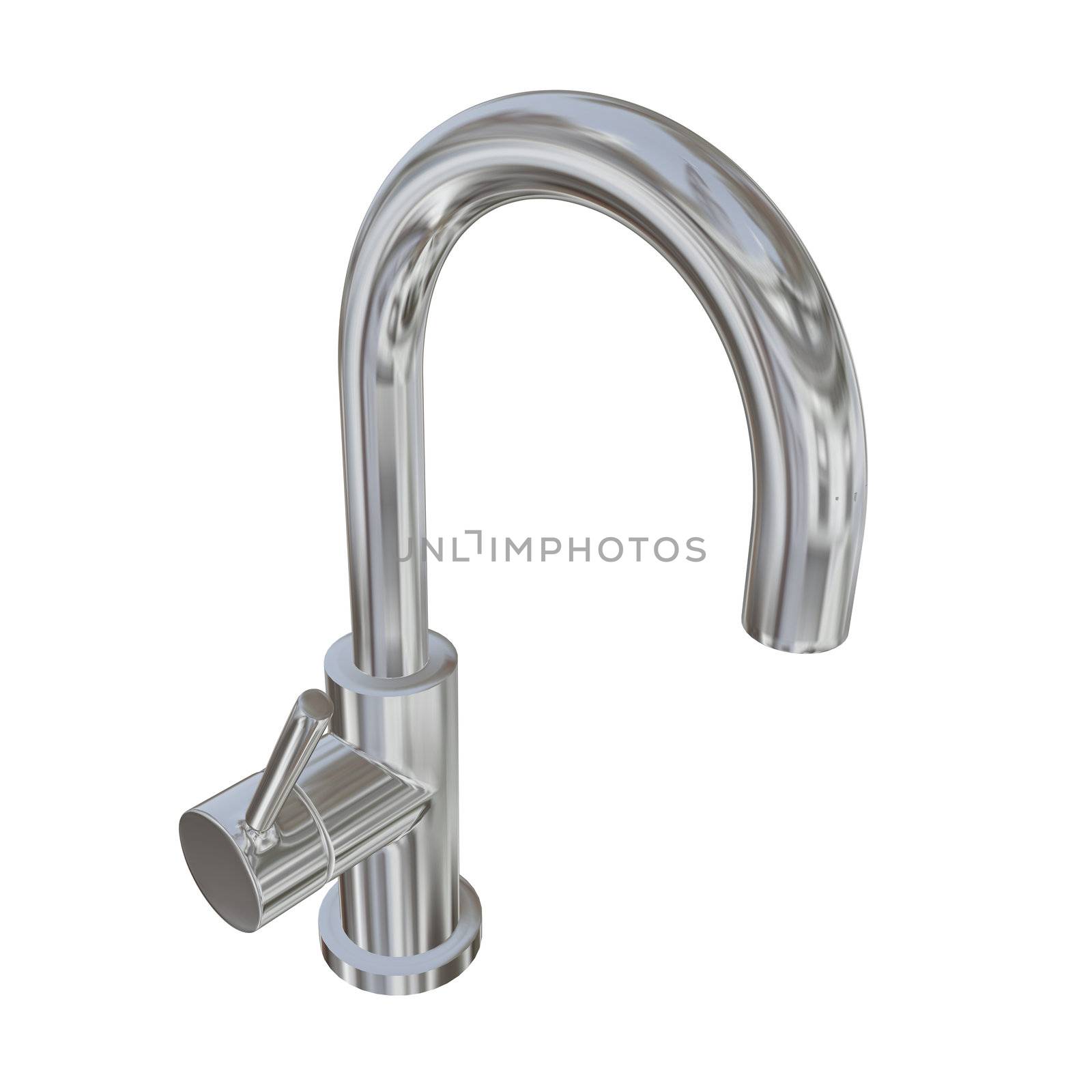 Modern faucet with chrome or stainless steel finishing, 3d illustration, isolated against a white background. Kitchen fixtures.