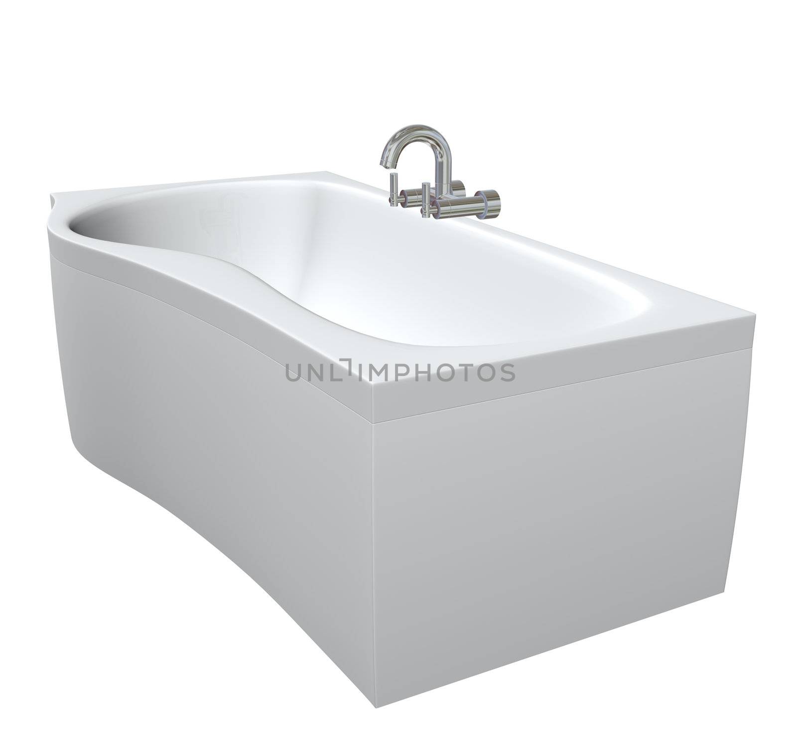 Ceramic or acrylc bath tub set with chrome fixtures and faucet, 3d illustration, isolated against a white background