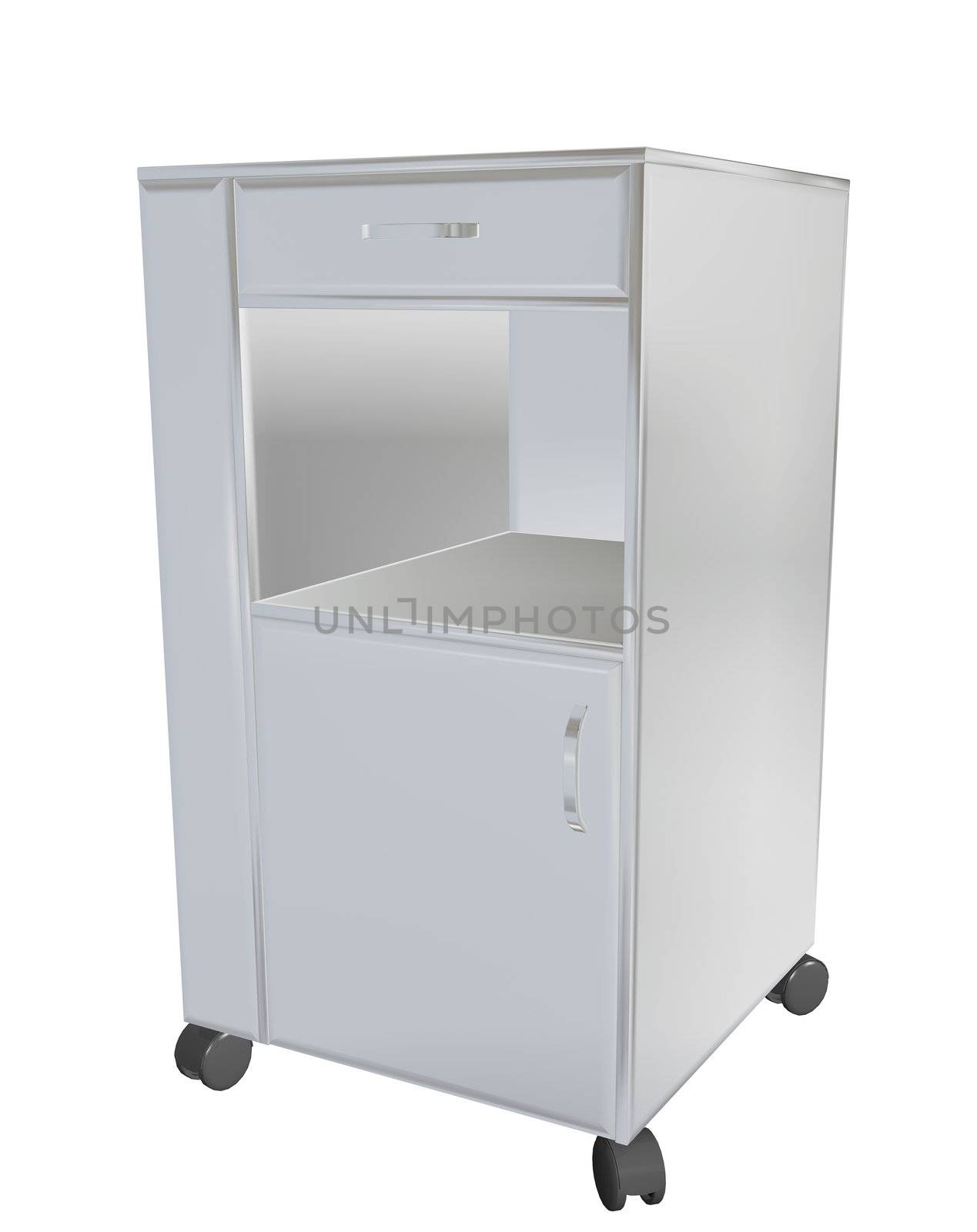 Stainless steel mobile cupboard, 3d illustration, for medical use, isolated against a white background