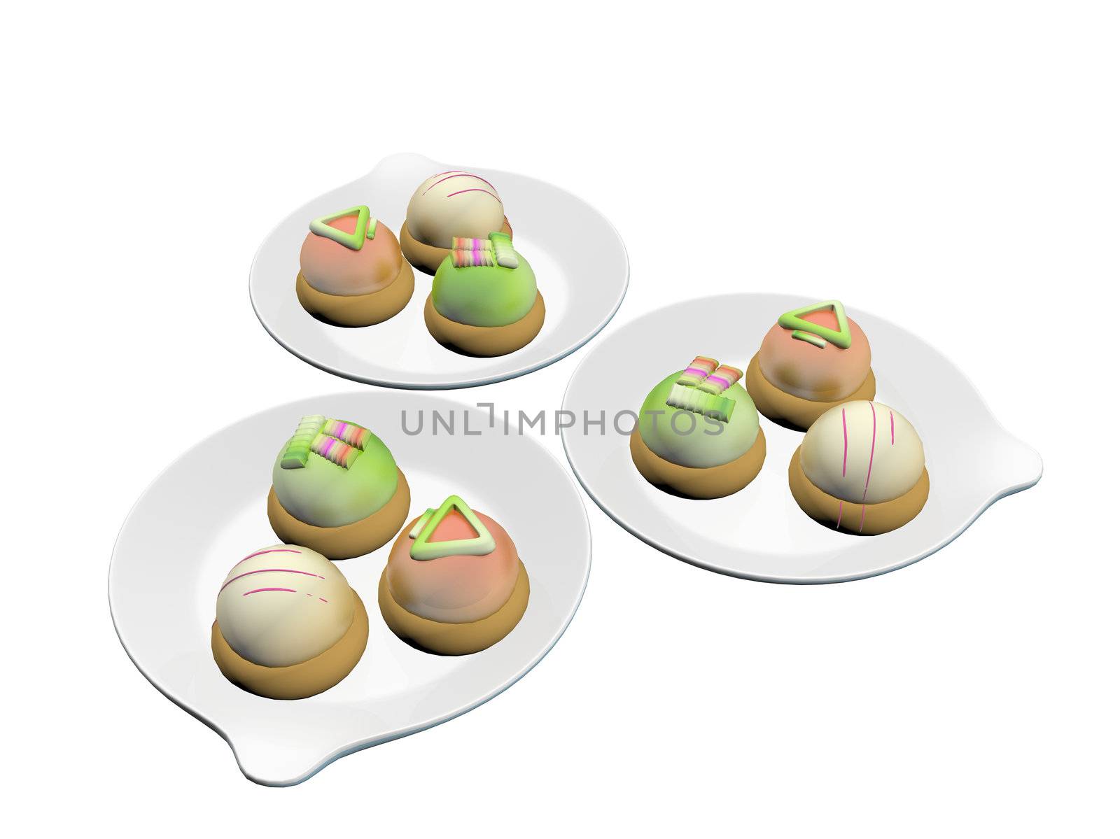 Colorful topped desserts or french macaron served on round ceramic plates, 3d illustration, isolated against a white background