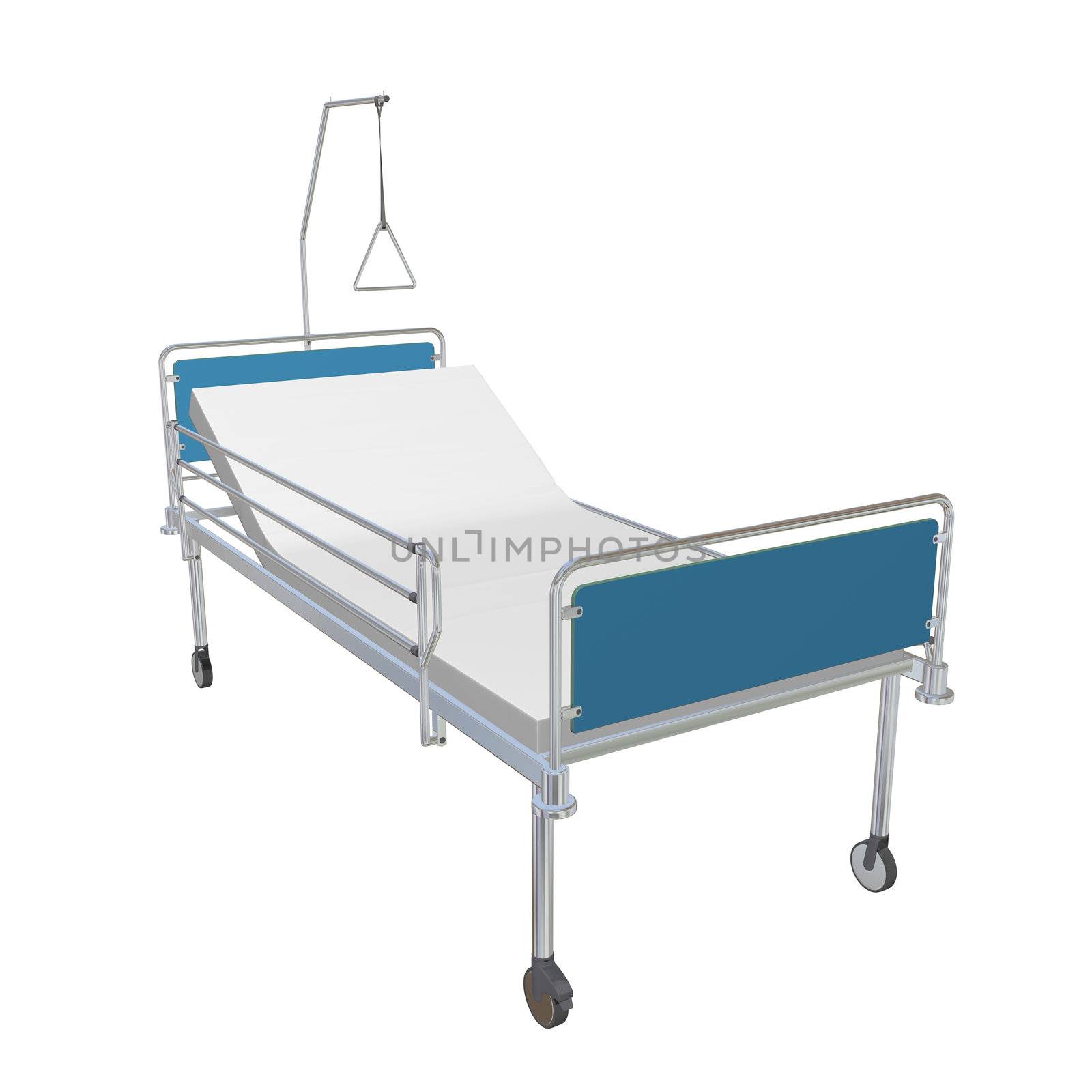 Blue and chrome mobile hospital bed with recliner, 3d illustration, isolated against a white background