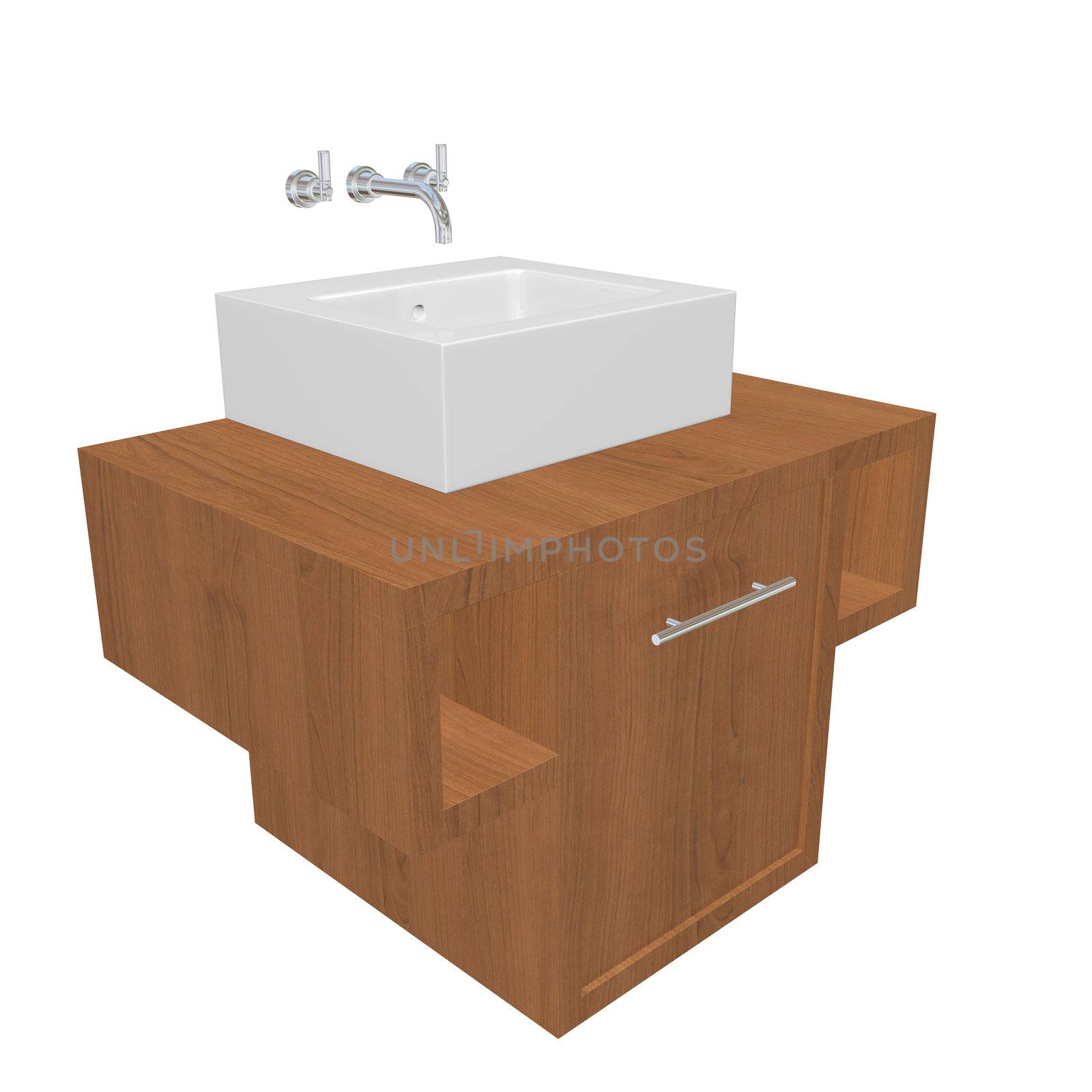 Modern bathroom sink set with ceramic wash basin, chrome fixtures, and wooden cabinet, 3d illustration, isolated against a white background
