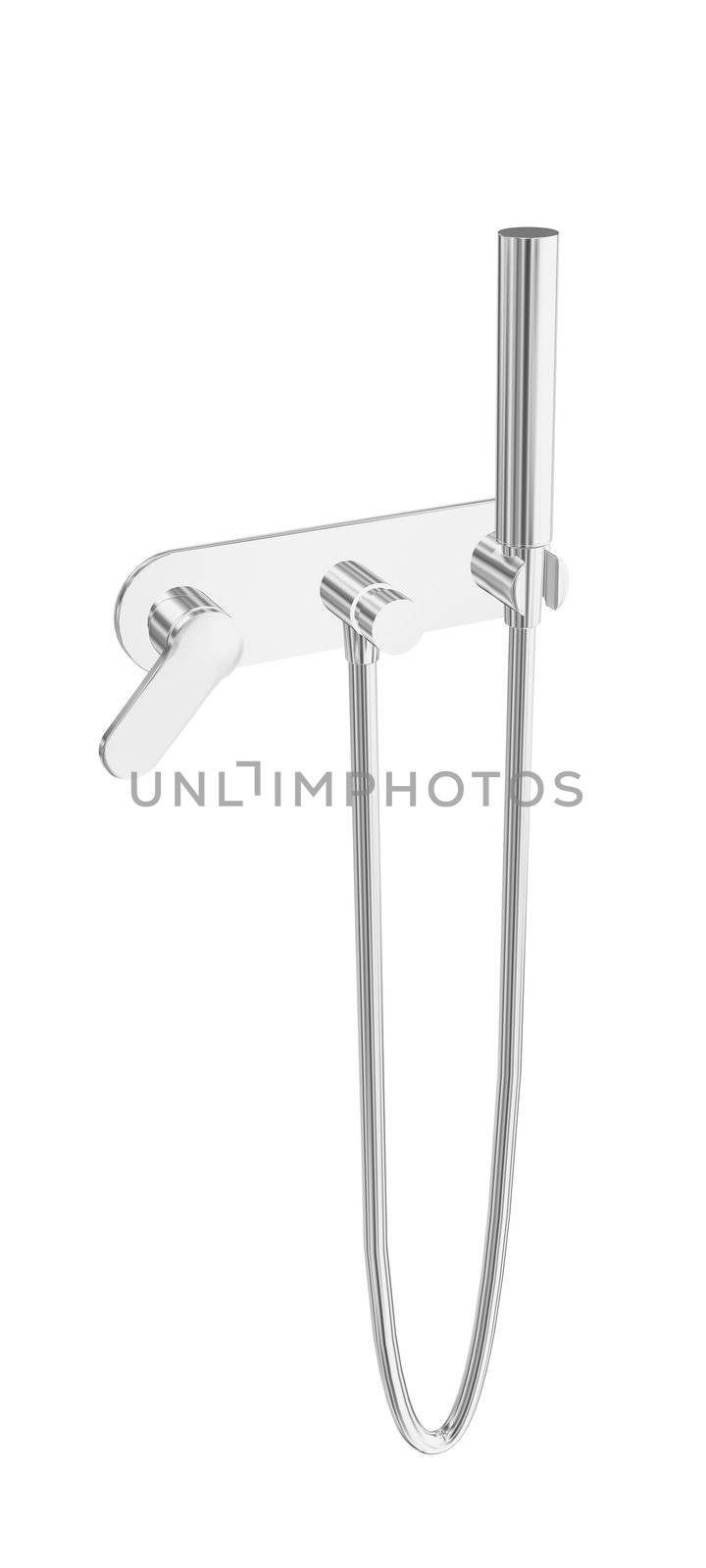 Modern hand-held water spray chrome shower fixtures 3D illustration,  isolated against a white background