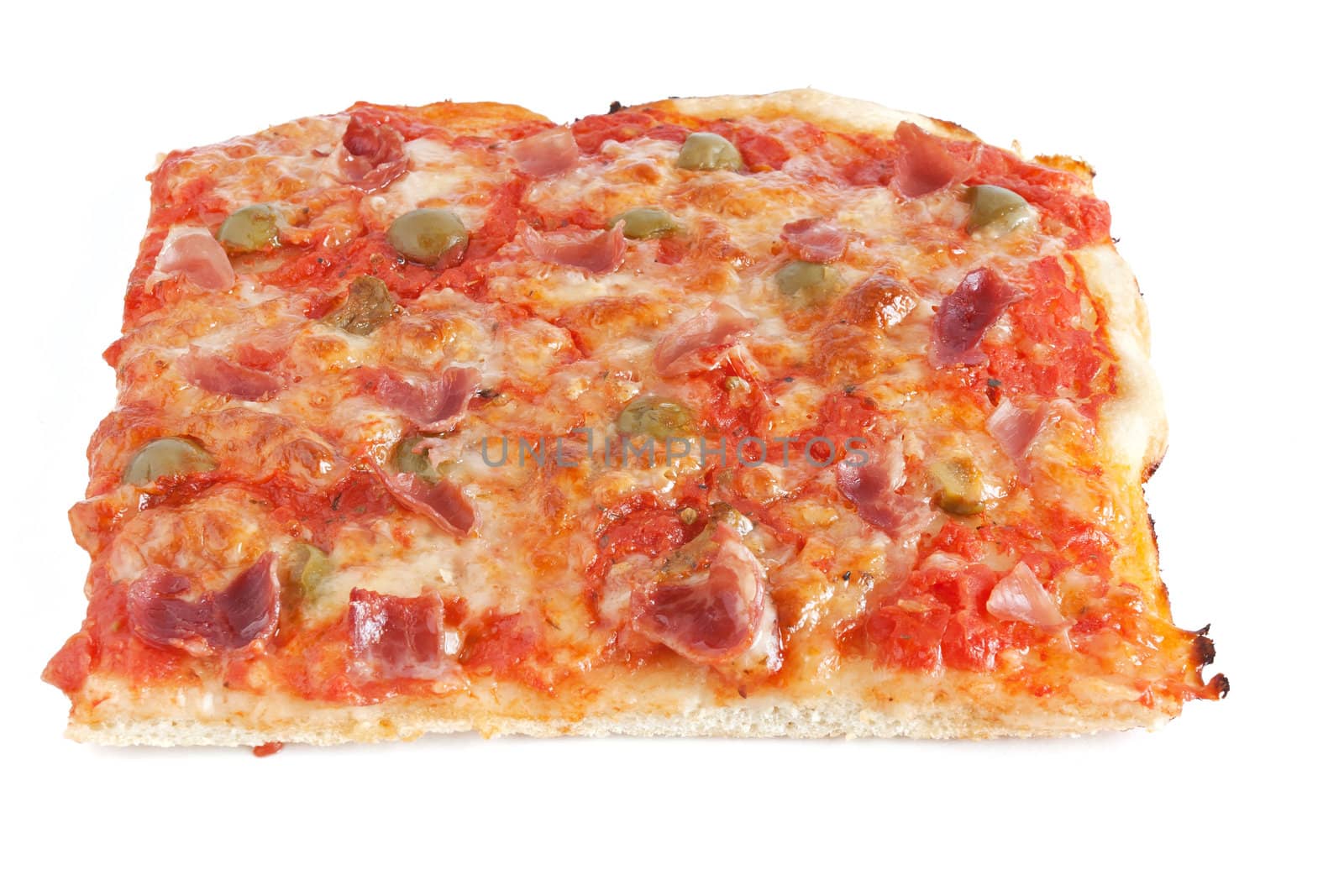 sliced pizza with mozzarella, tomatoes, olives and ham