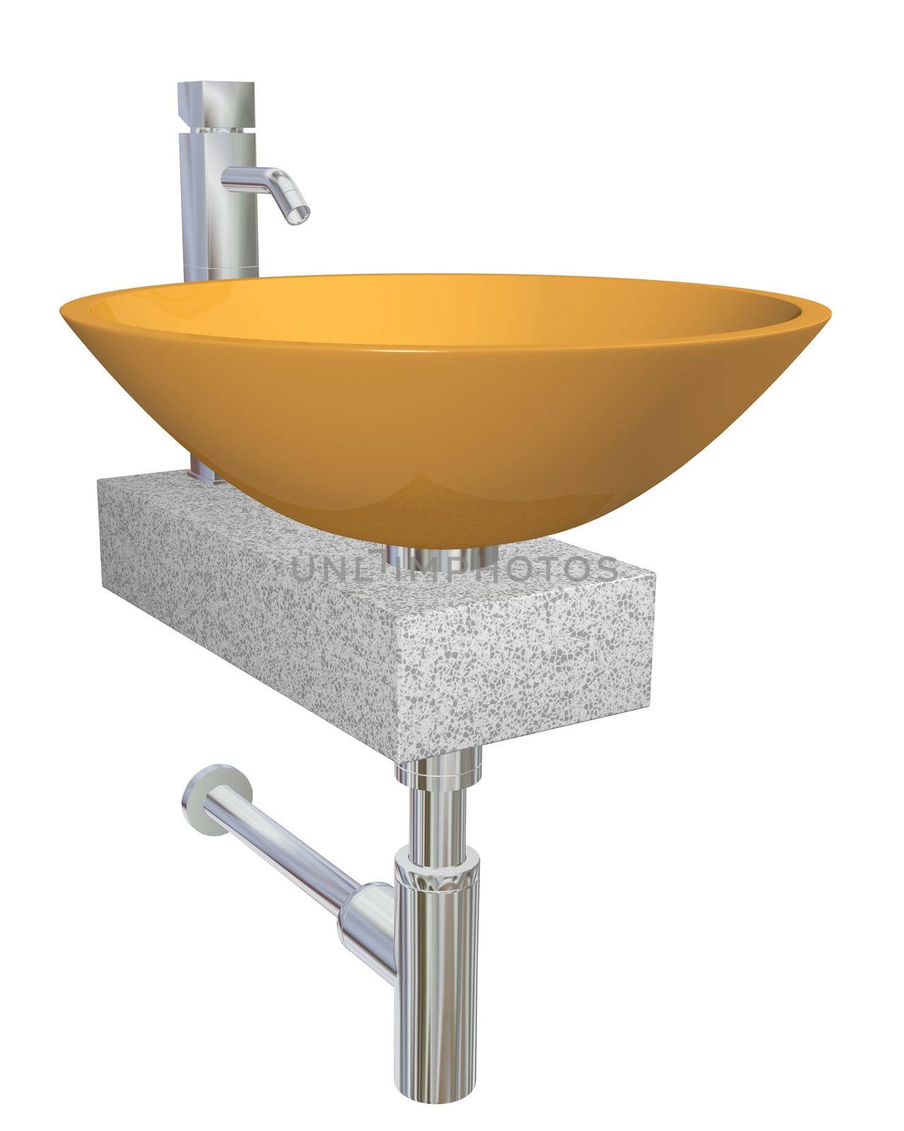 Orange bowl glass or ceramic sink with chrome faucet and plumbing fixtures, sitting on a granite table or slab, isolated against a white background