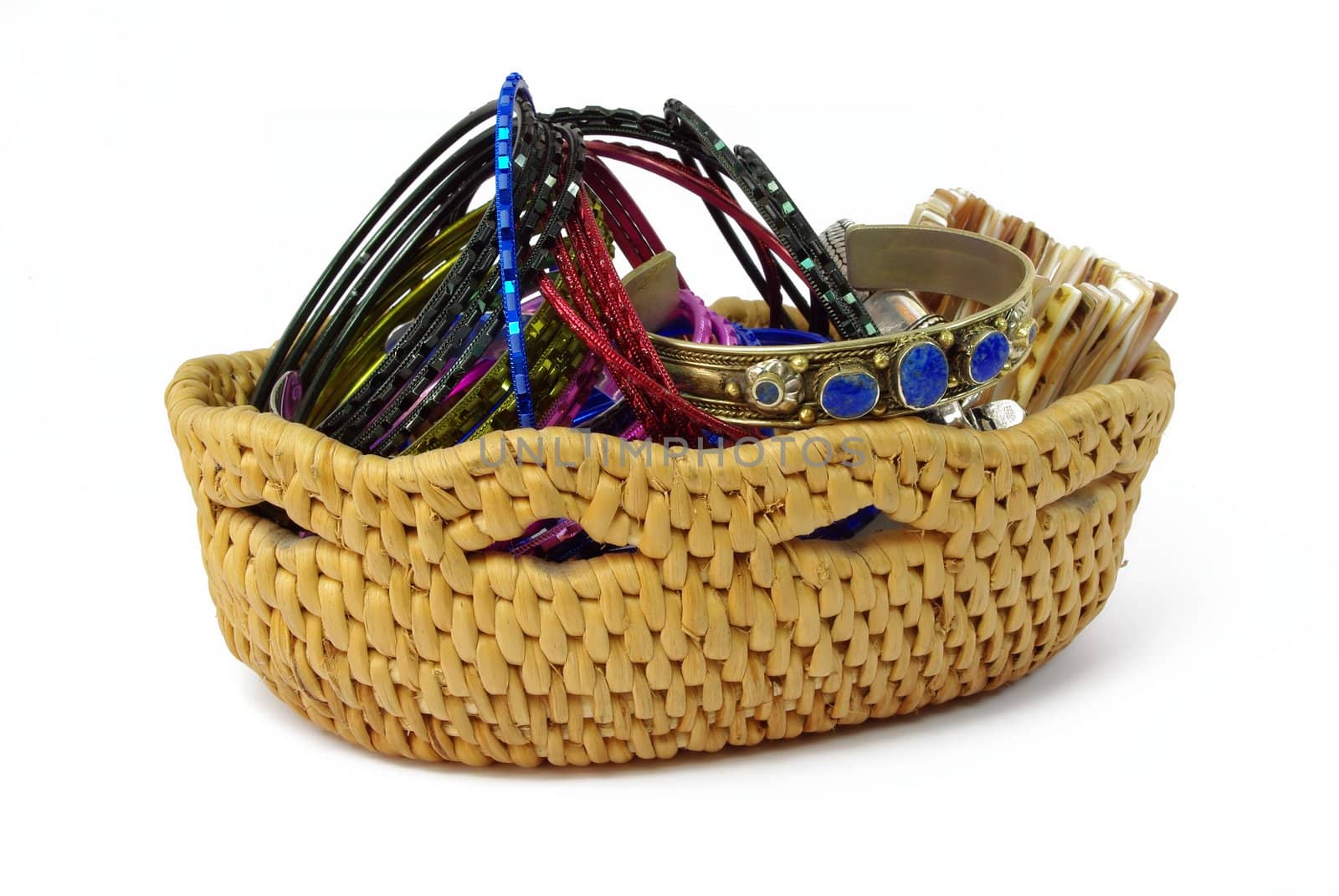 Wicker case with jewelry beads and bracelets