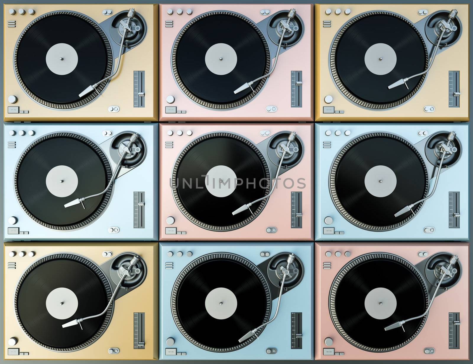 Cool colorful turntables background. 3D render.
