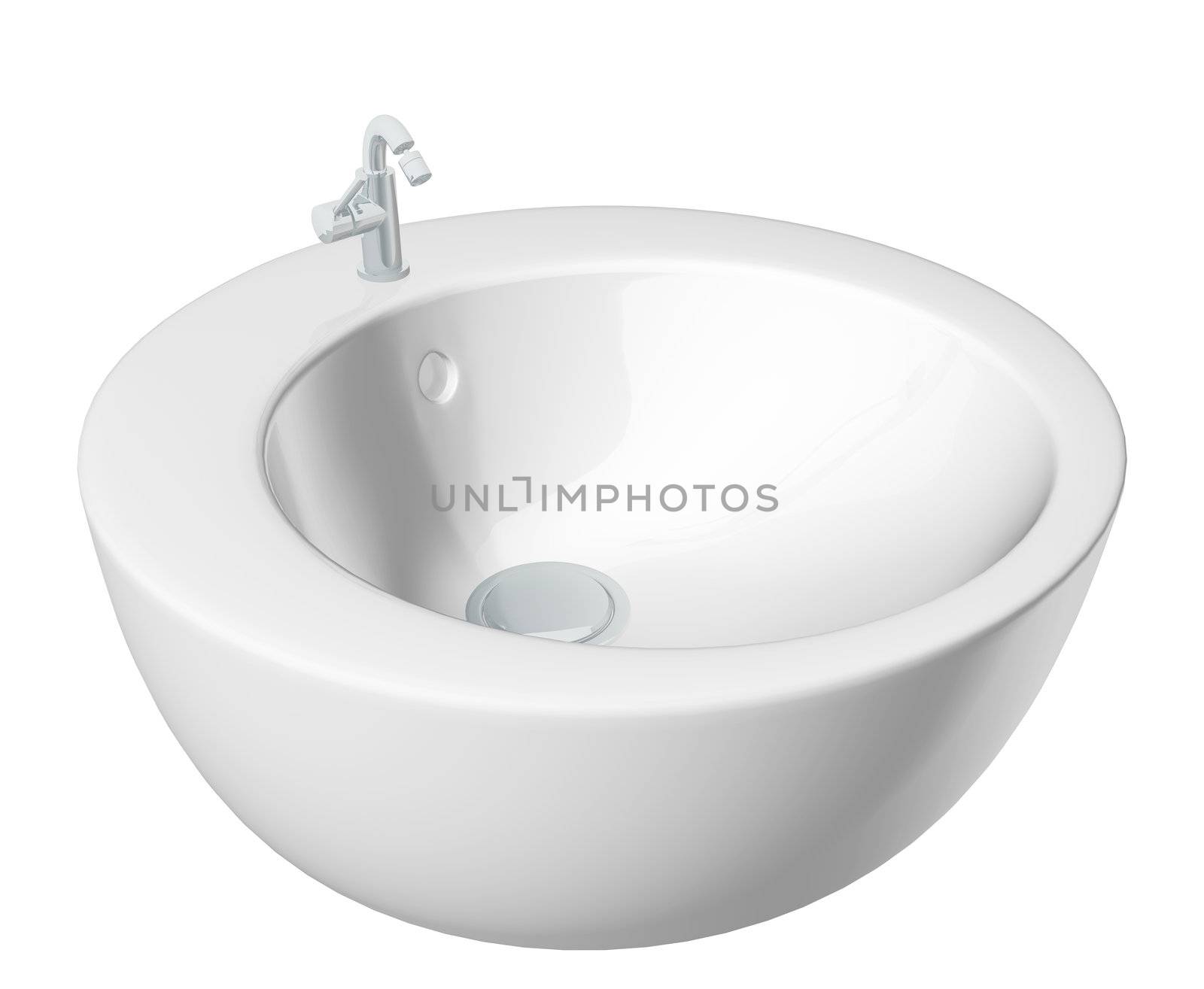 Modern round washbasin or sink, cream colored, isolated against a white background.