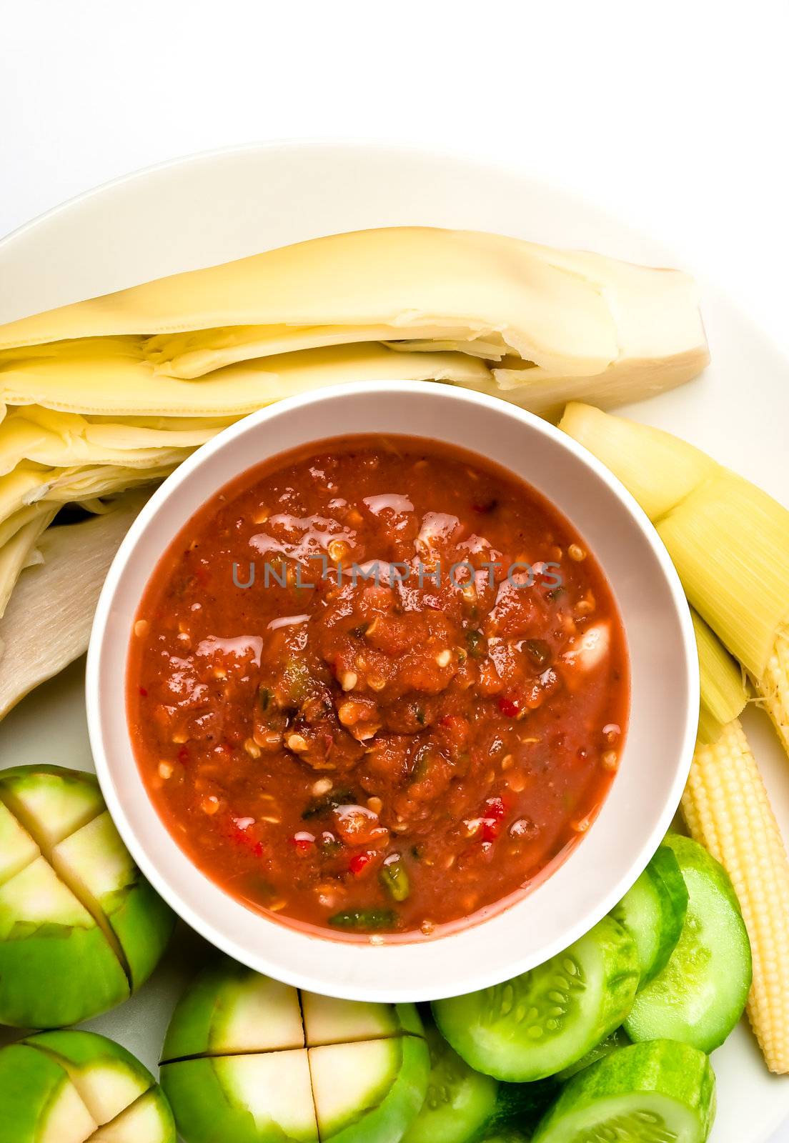 Top view of Thai food spicy sauce with vegetable