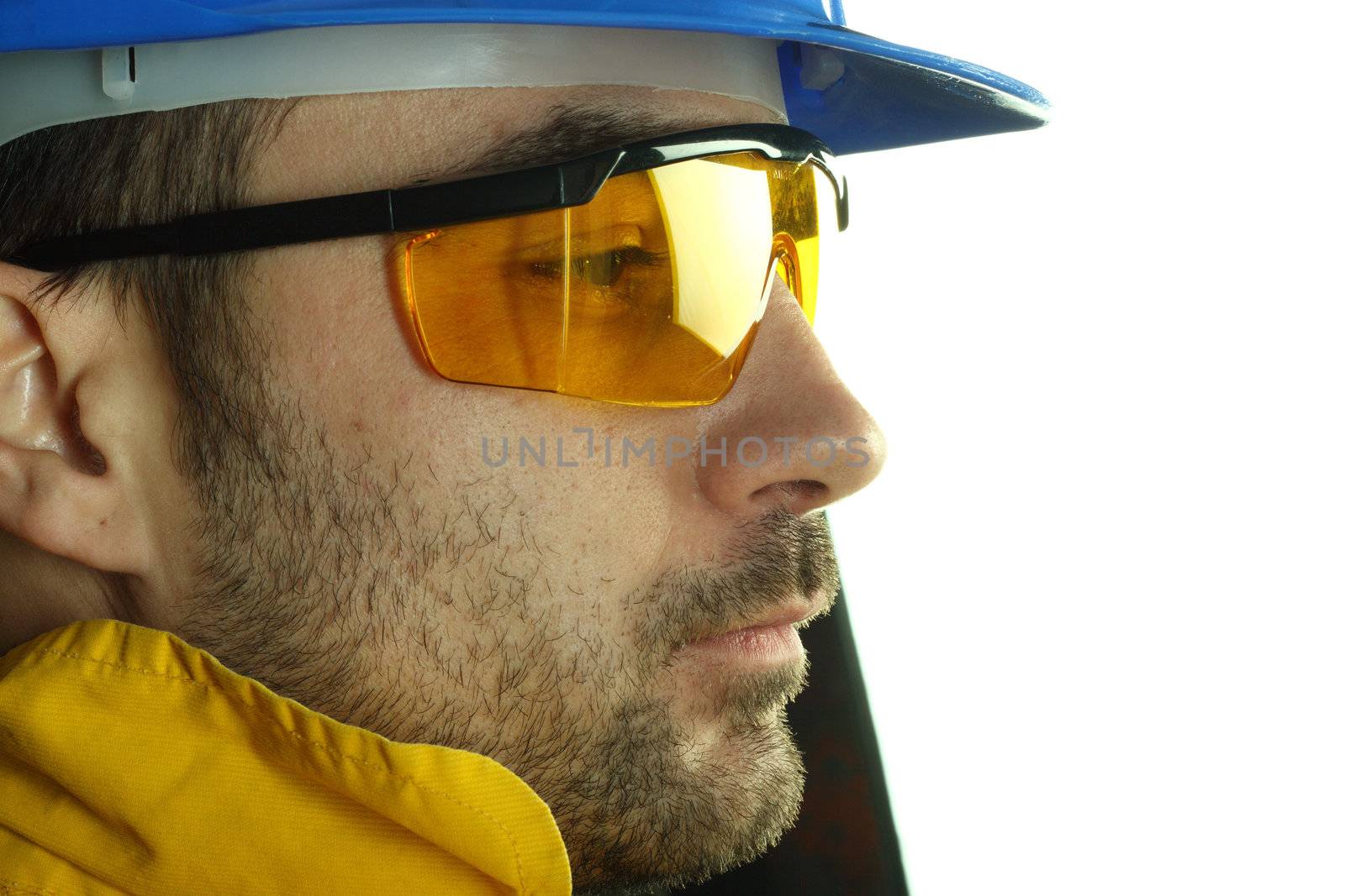 worker whit blue helmet over white background 