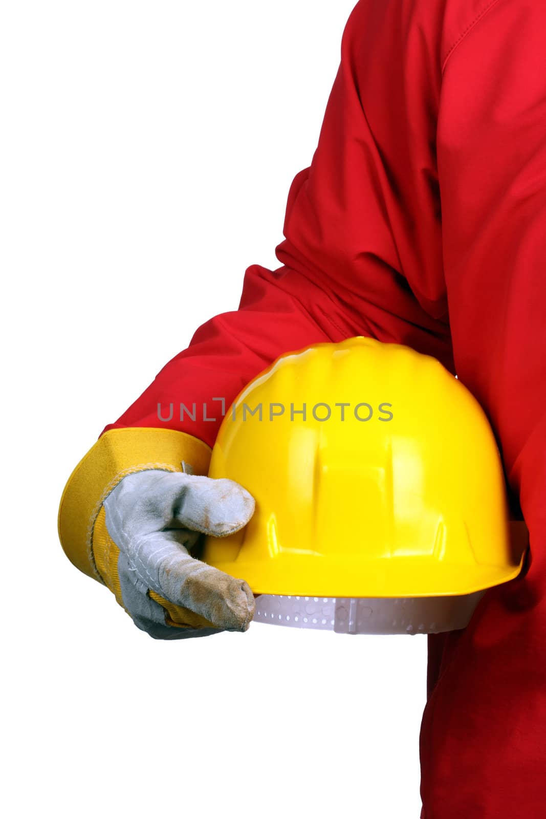 man holding yellow helmet over white background