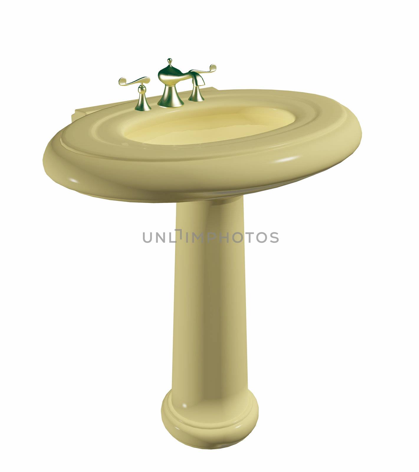 Modern cream colored washbasin or sink on a stand, with golden faucet, isolated against a white background