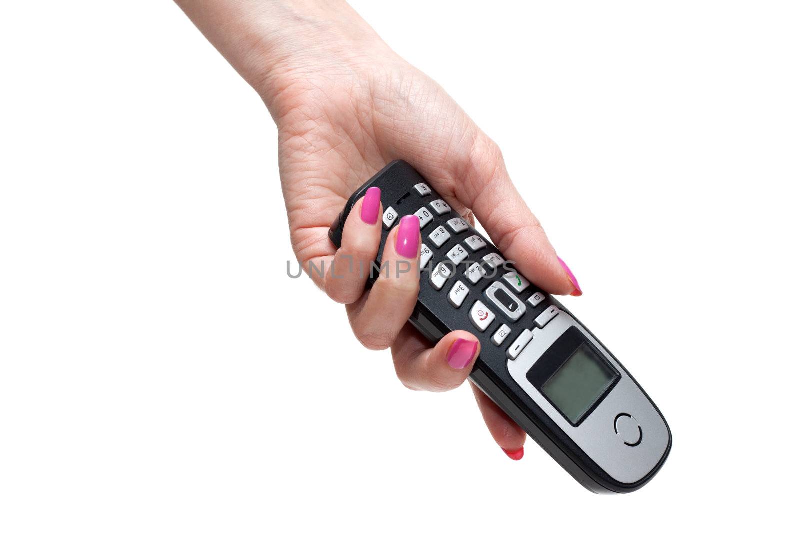 Feminine hand with telephone, rose nailwear, manicure, on white background