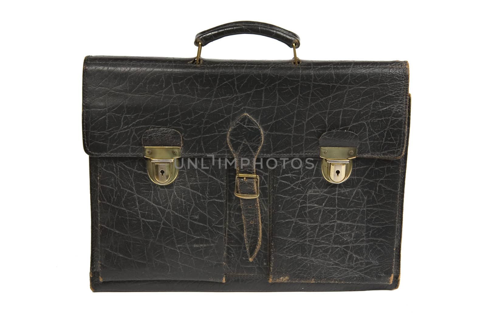 Black leather briefcase on a white background