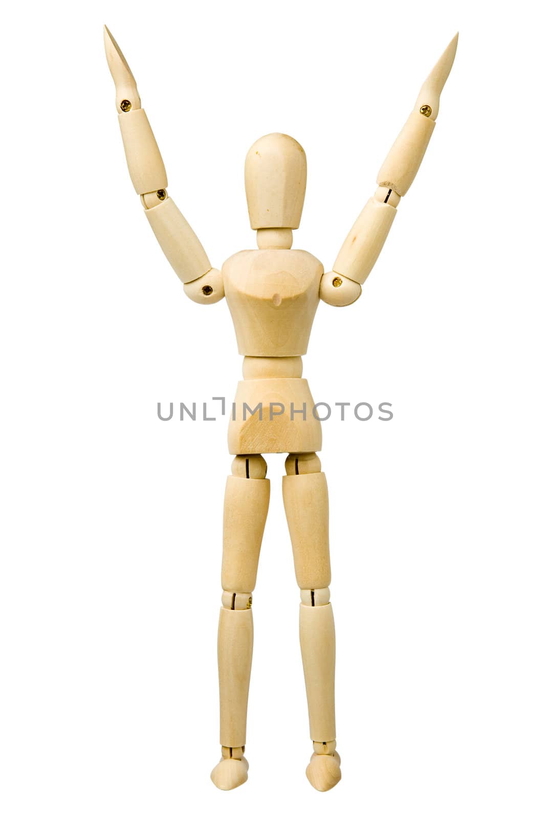 Wooden model dummy hands up. Isolated on a white background.