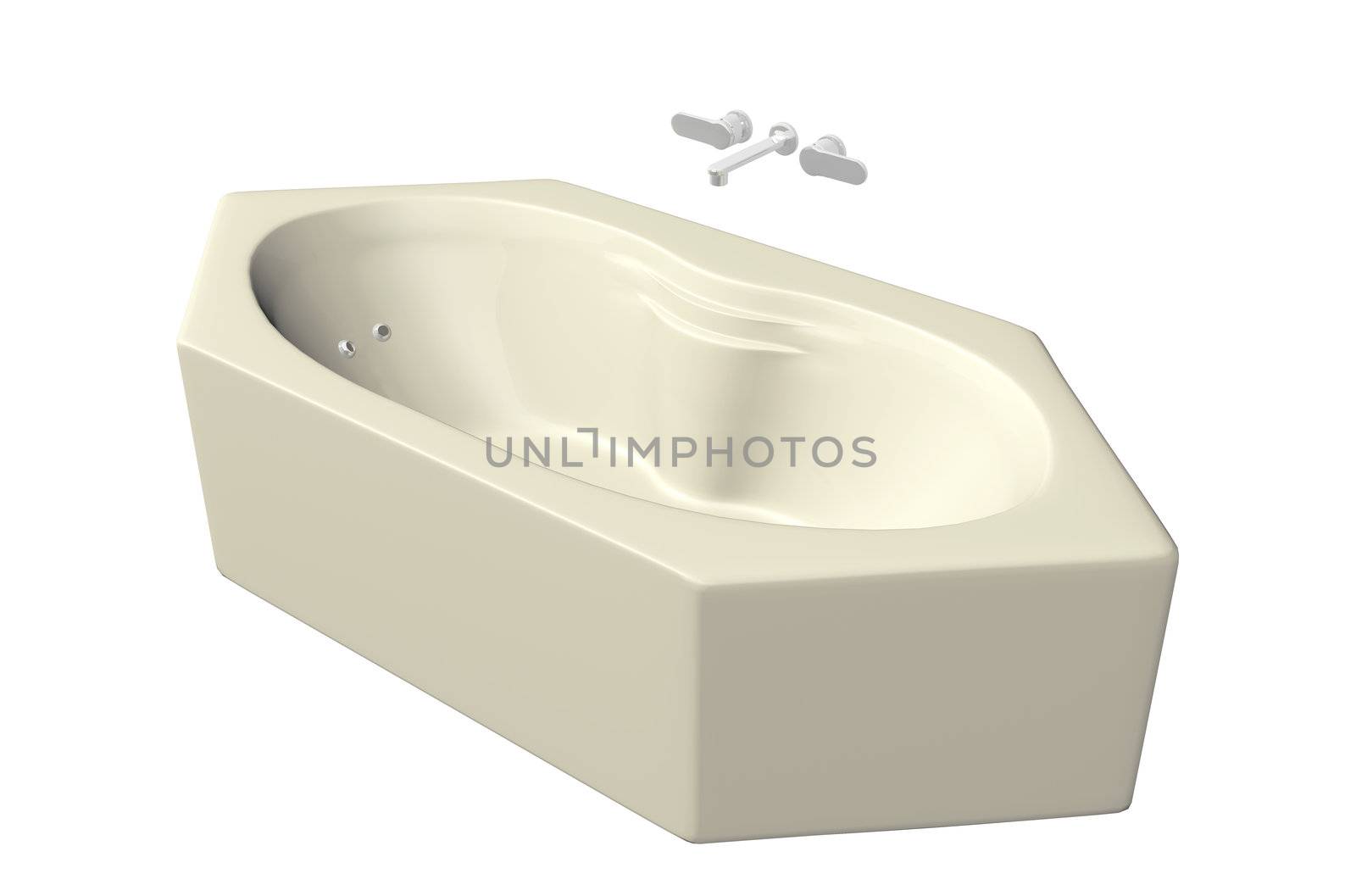 Cream colored hexagonal bathtub with stainless fixtures by Morphart