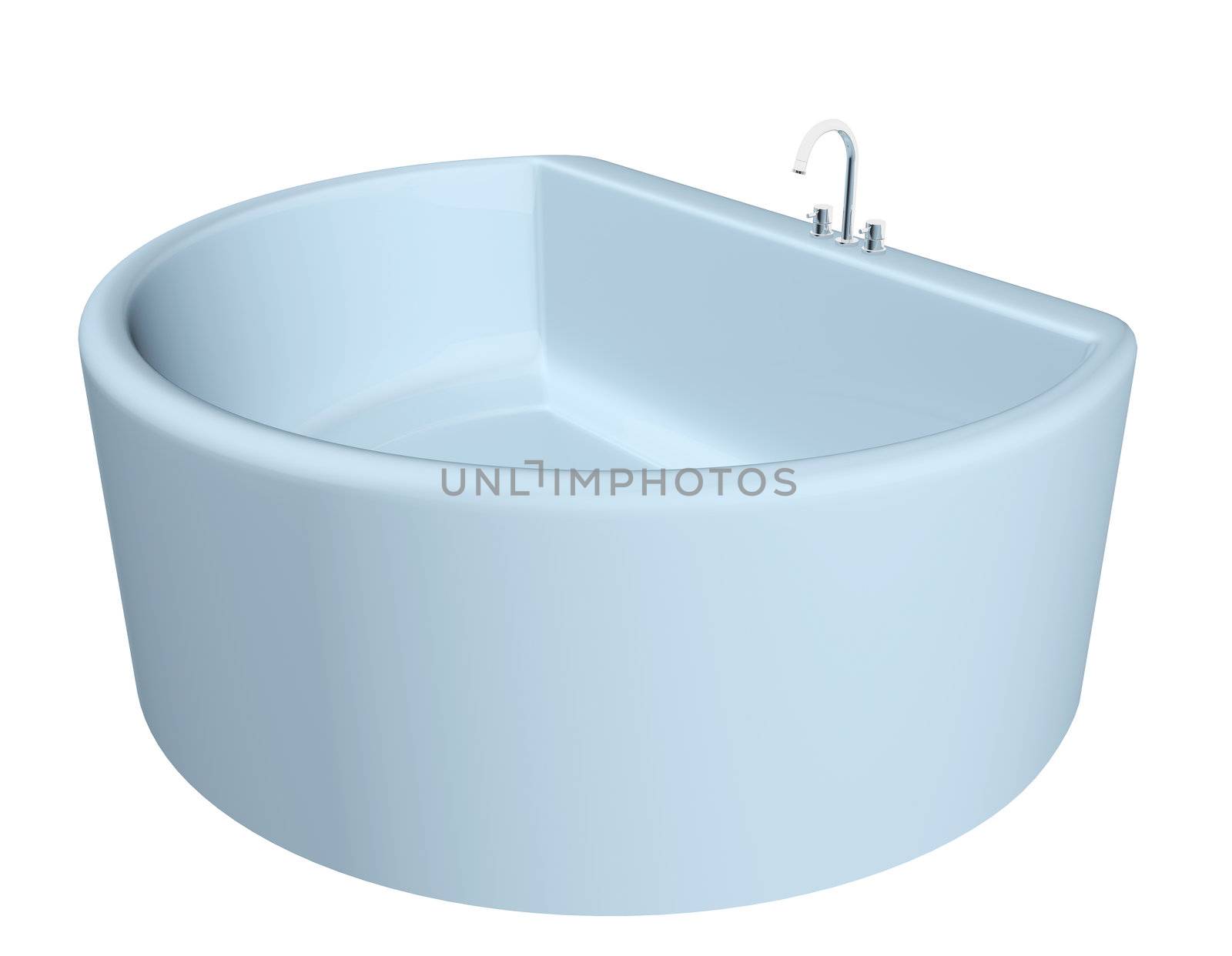 White semi-circular modern bathtub with stainless steel fixtures, isolated against a white background