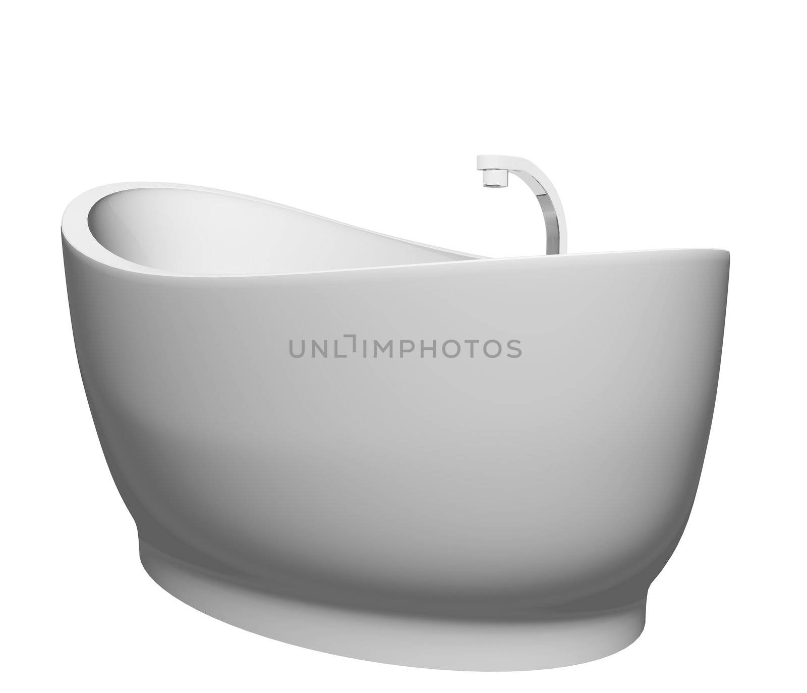 Pedestal modern white bathtub with stainless steel fixtures, isolated against a white background