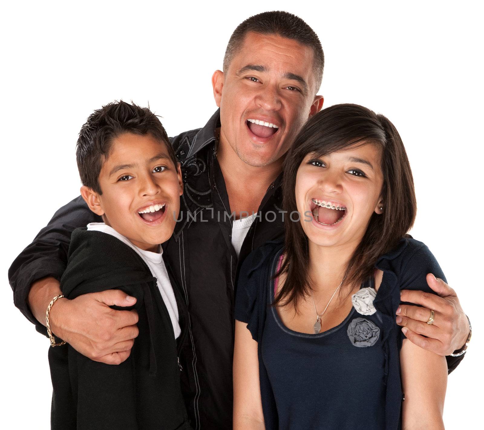 Native American father holding his children and laughing on white background