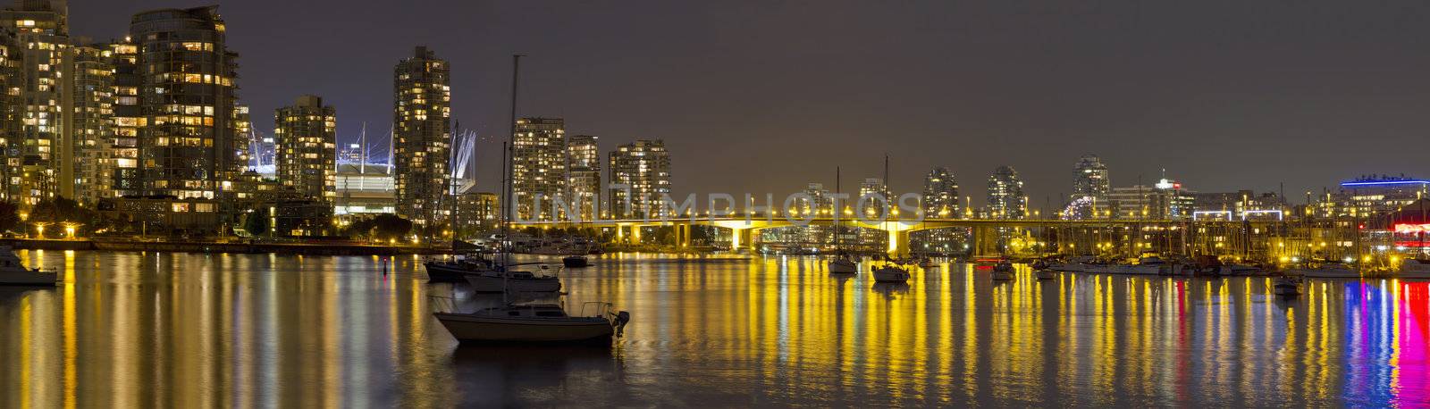 Vancouver BC Skyline and Cambie Bridge at Night Panorama