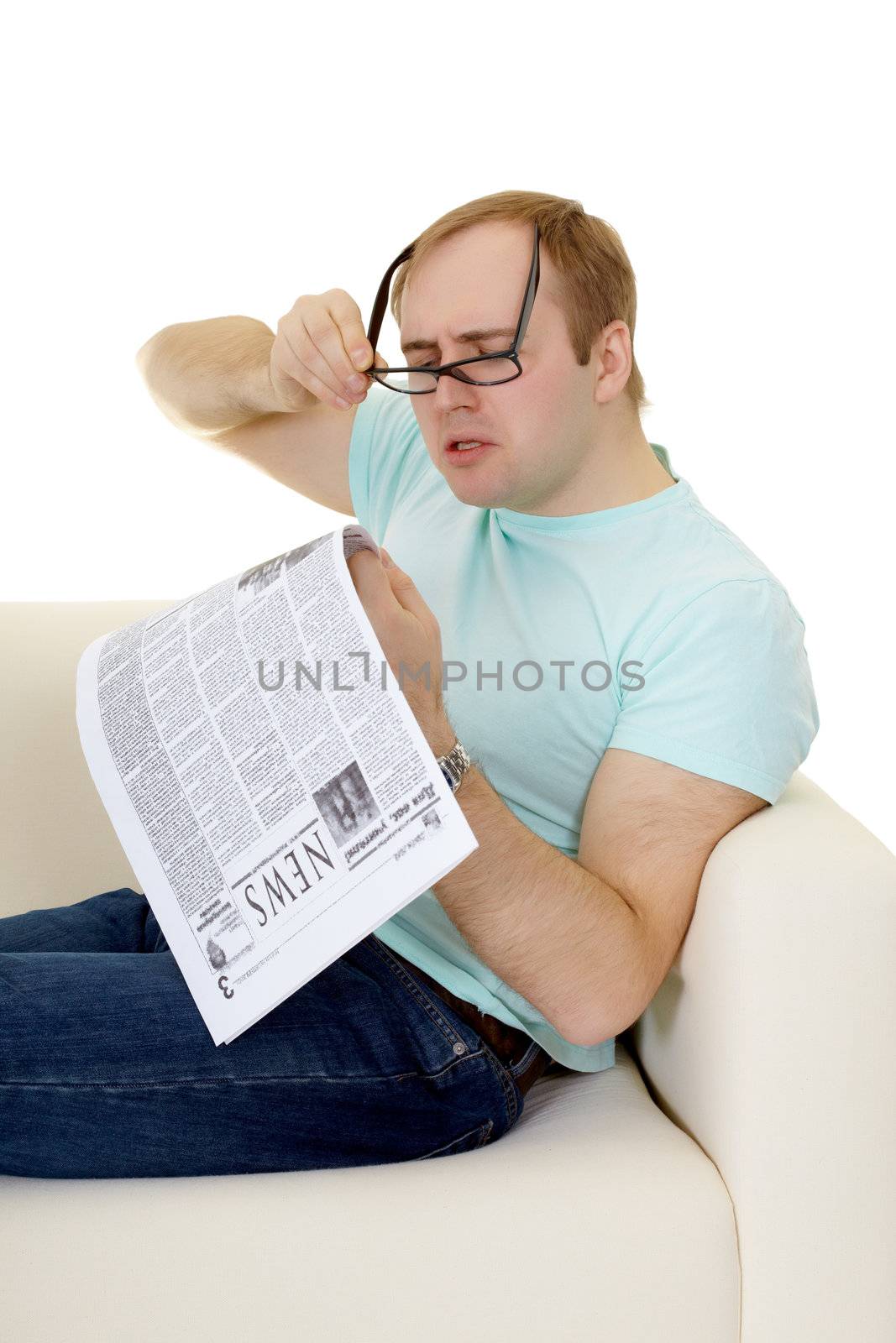 Funny man reading a job advertisement in newspaper by pzaxe