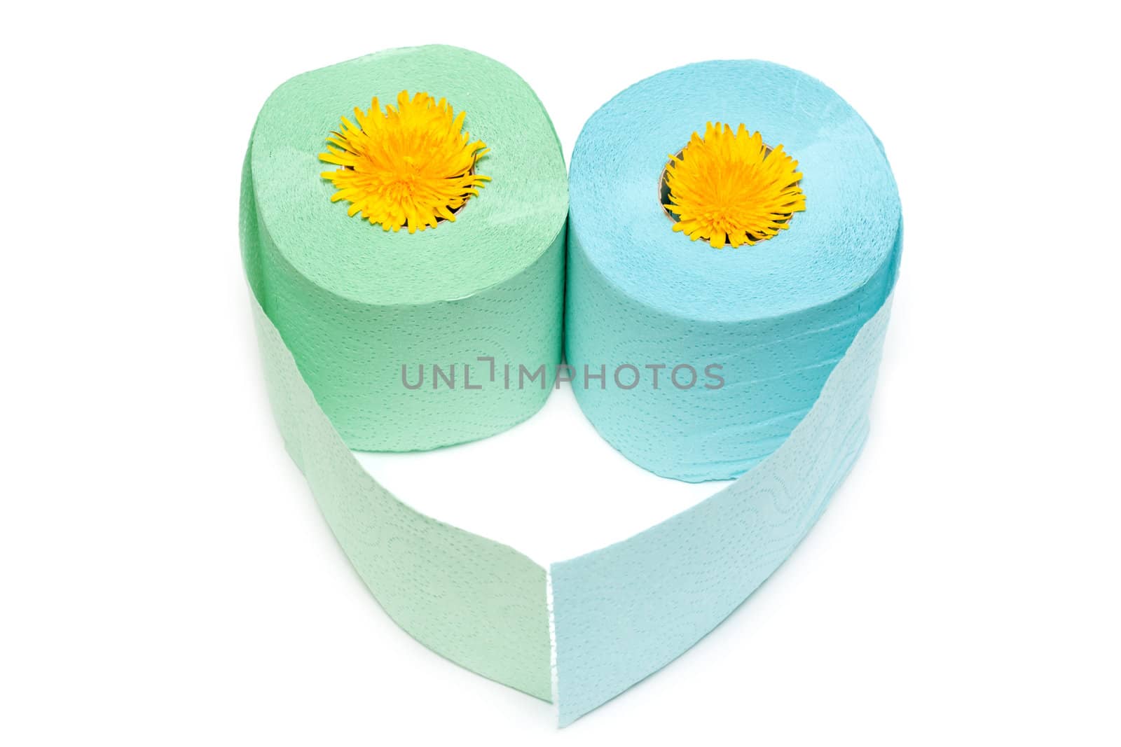Two rolls of the toilet paper in the manner of heart with yellow colour