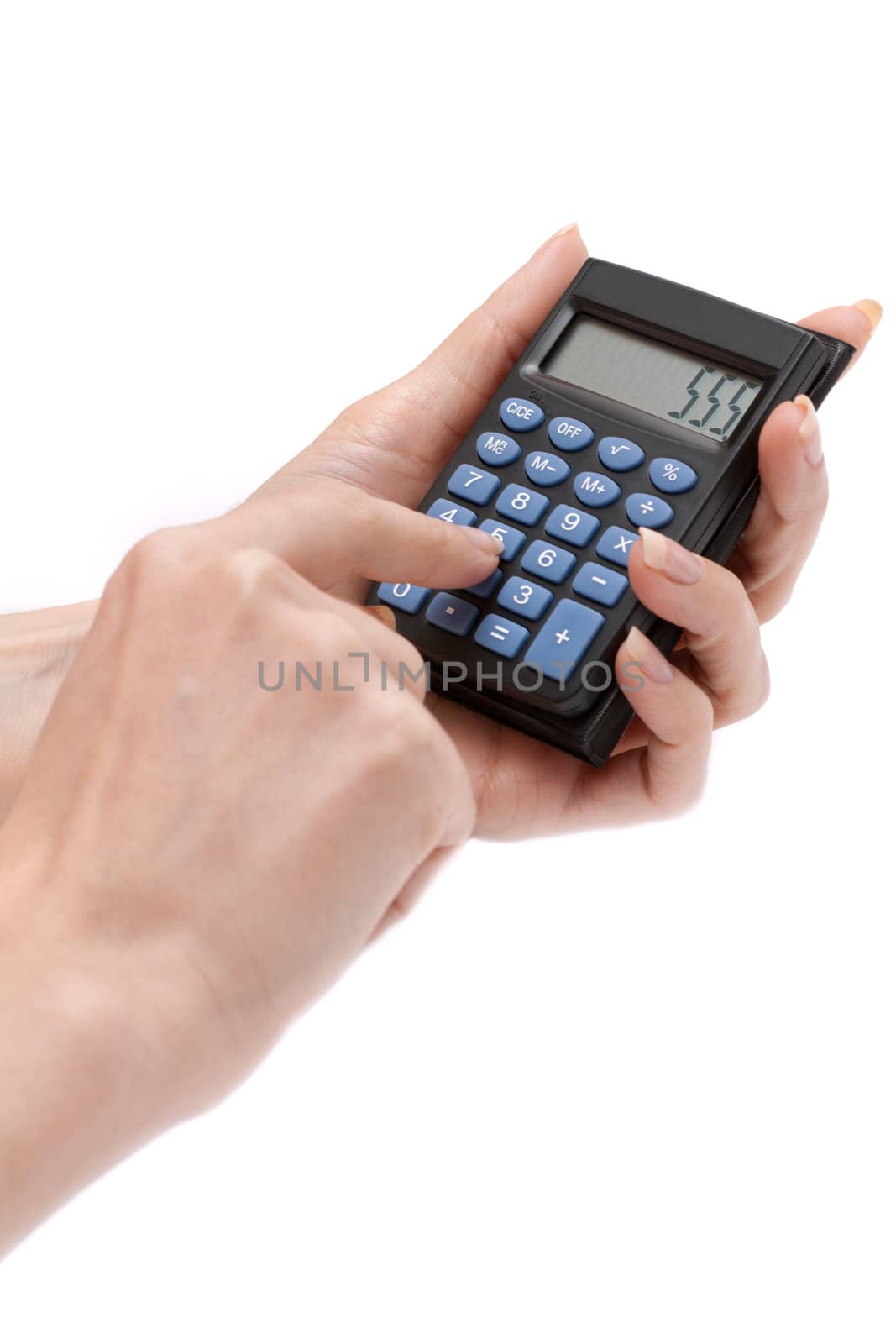 Calculator in feminine hand insulated on white background