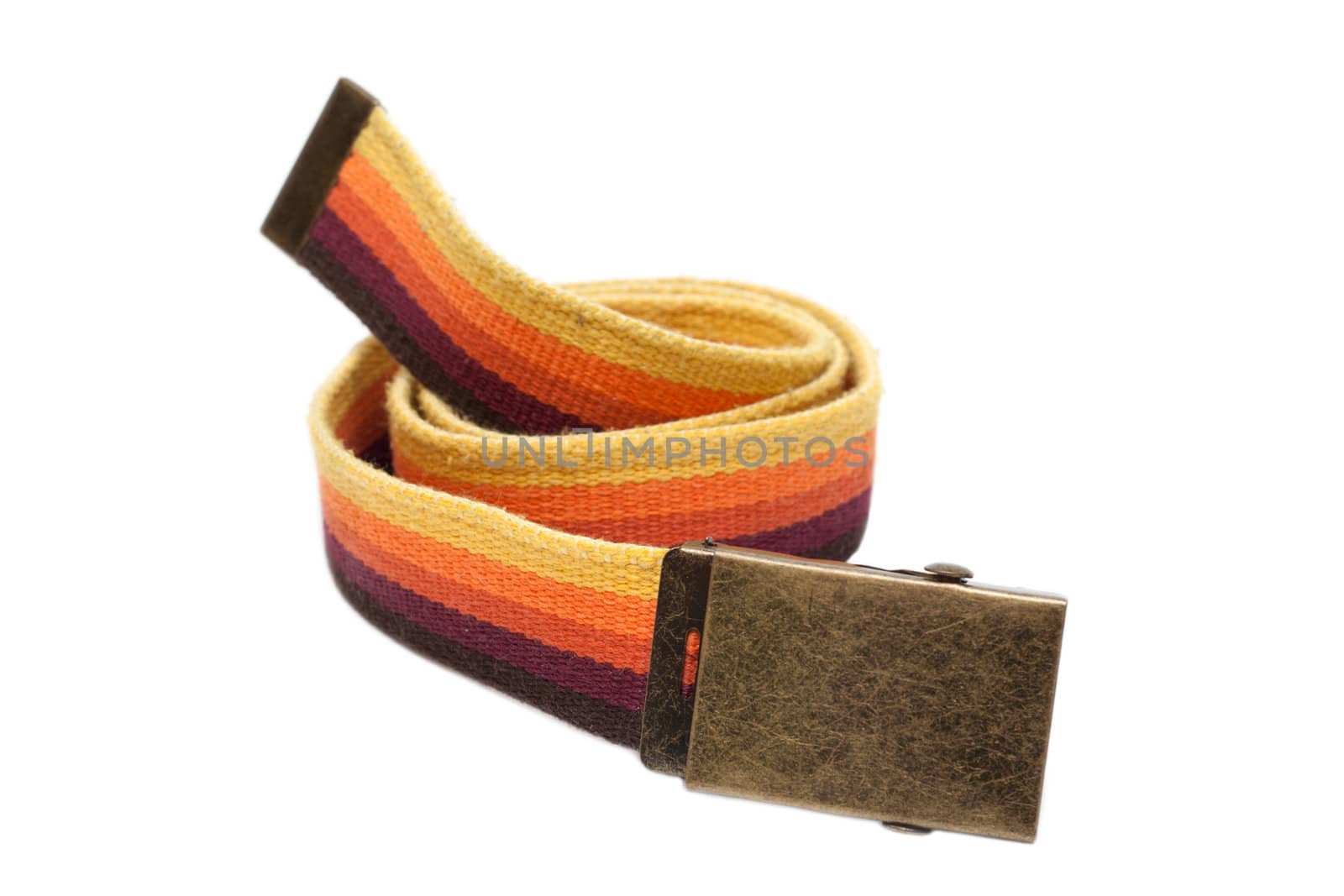 Colour striped cloth brass buckle on white background