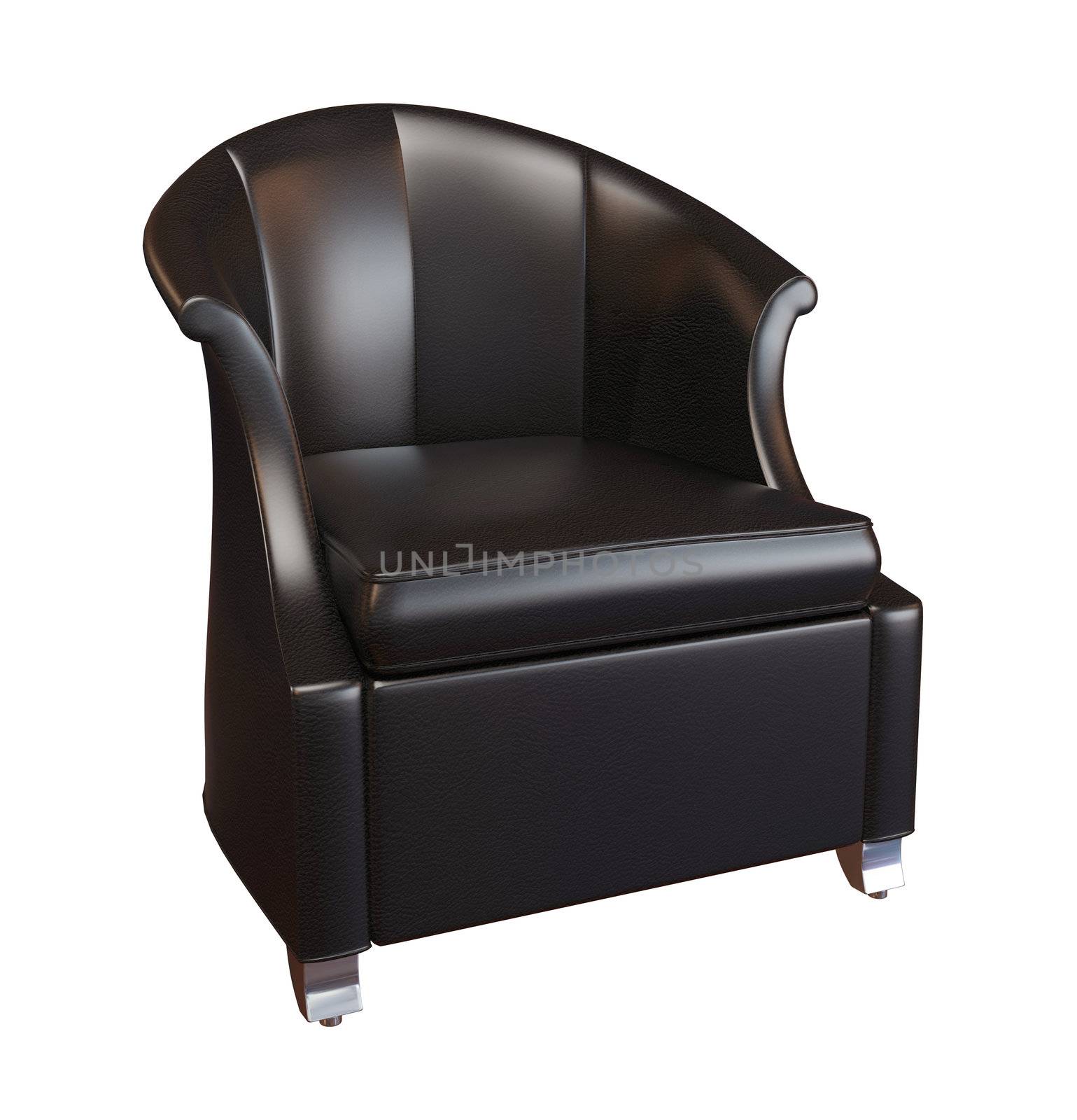 3D photorealistic image of a black leather comfy armchair, isolated against a white background