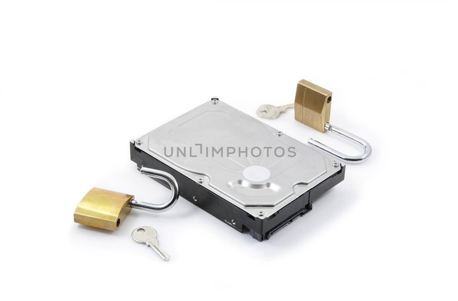 Hard disk protection broken on a white background with two padlocks opened and their keys