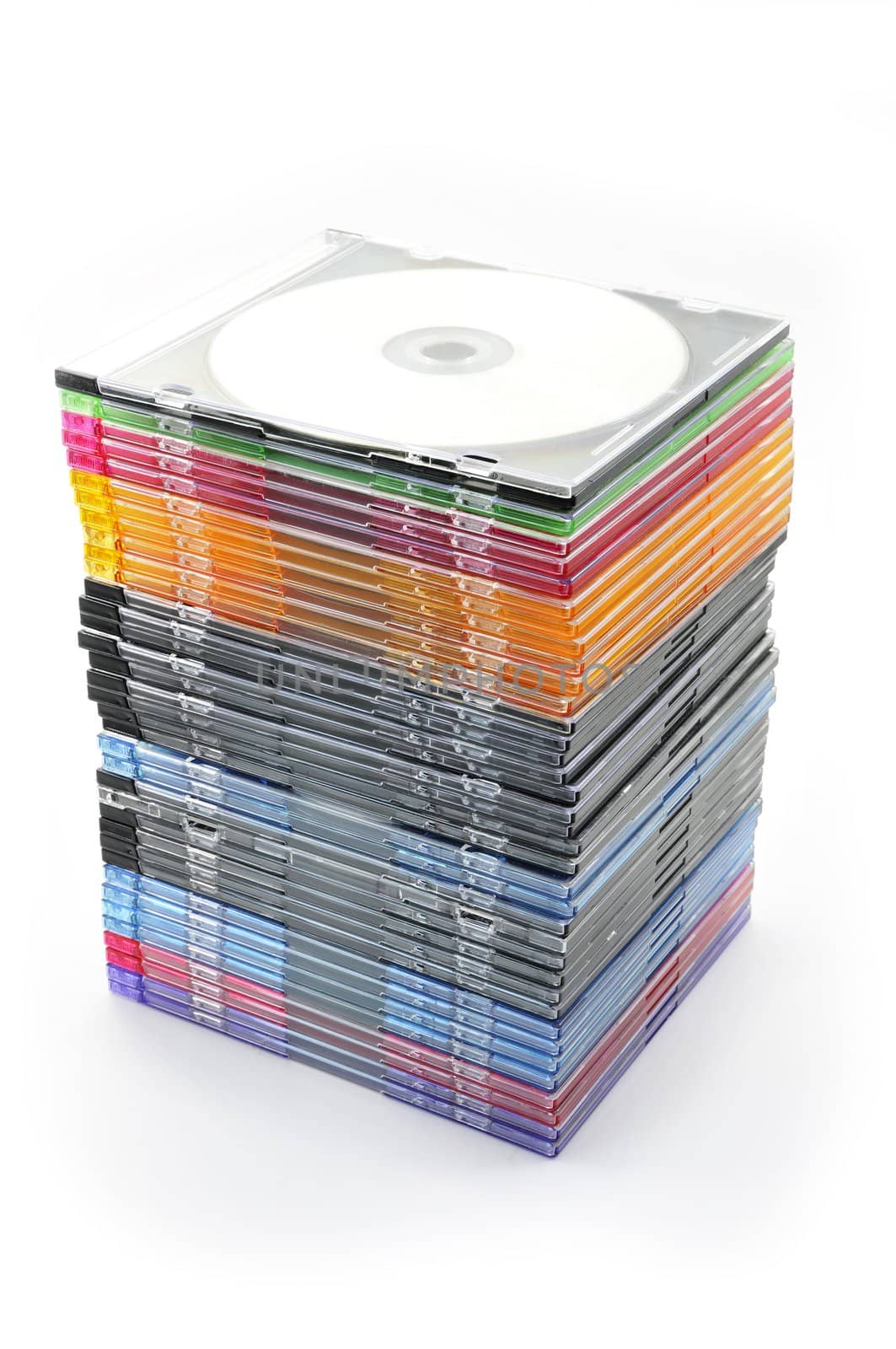 Multi-colored dvd slim box stacked on a white background