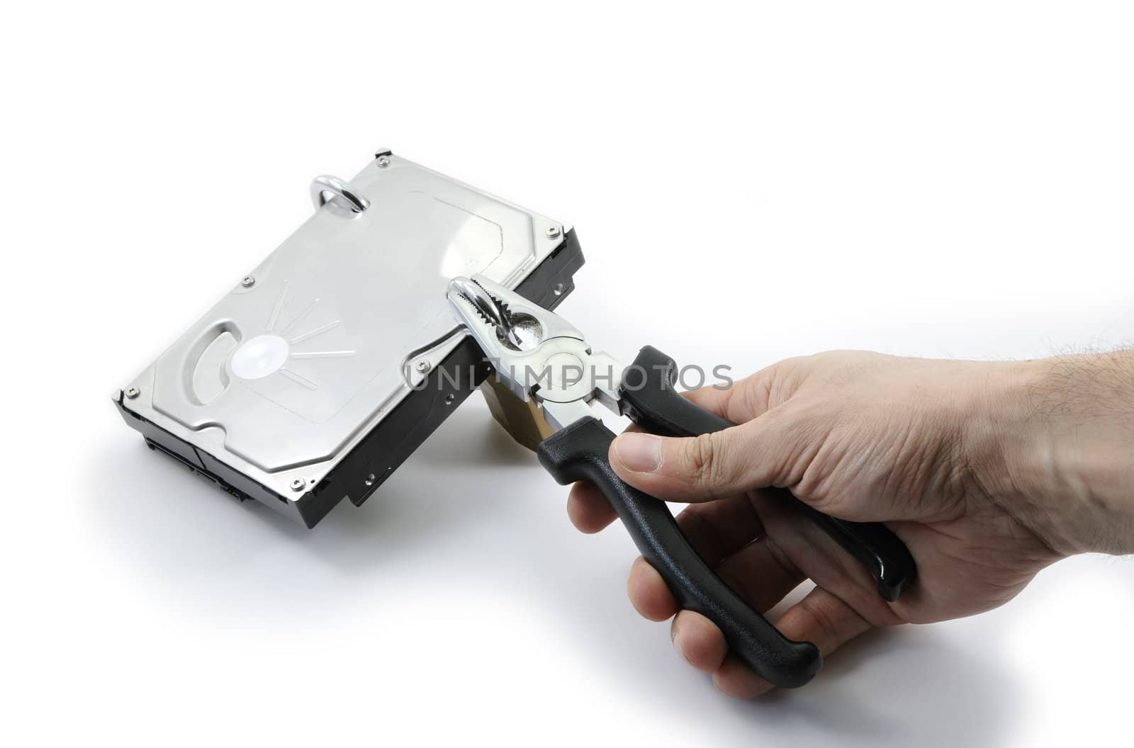 Hard disk locked under attack by one hand with pliers on a white background