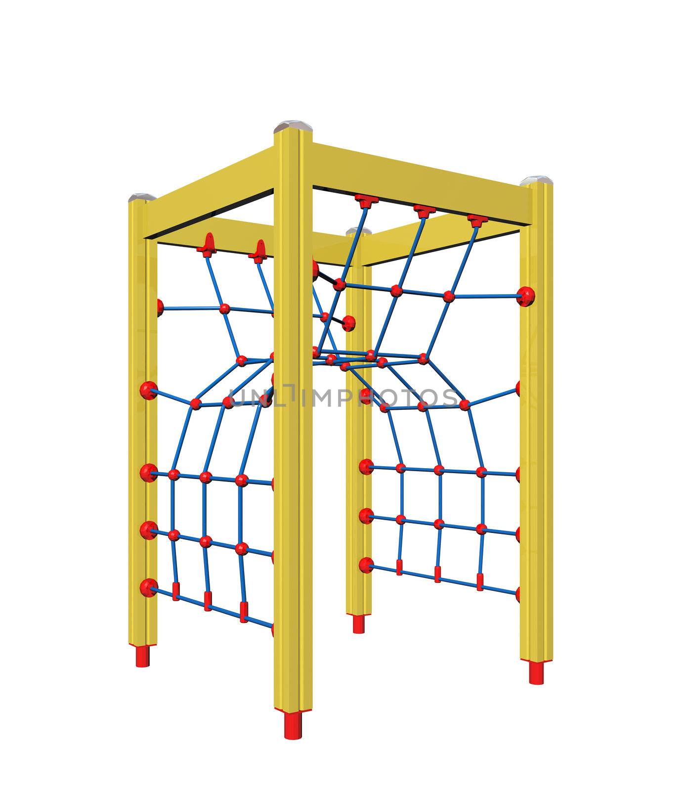 Yellow, blue and red four-pole kid rope climber, 3D illustration by Morphart